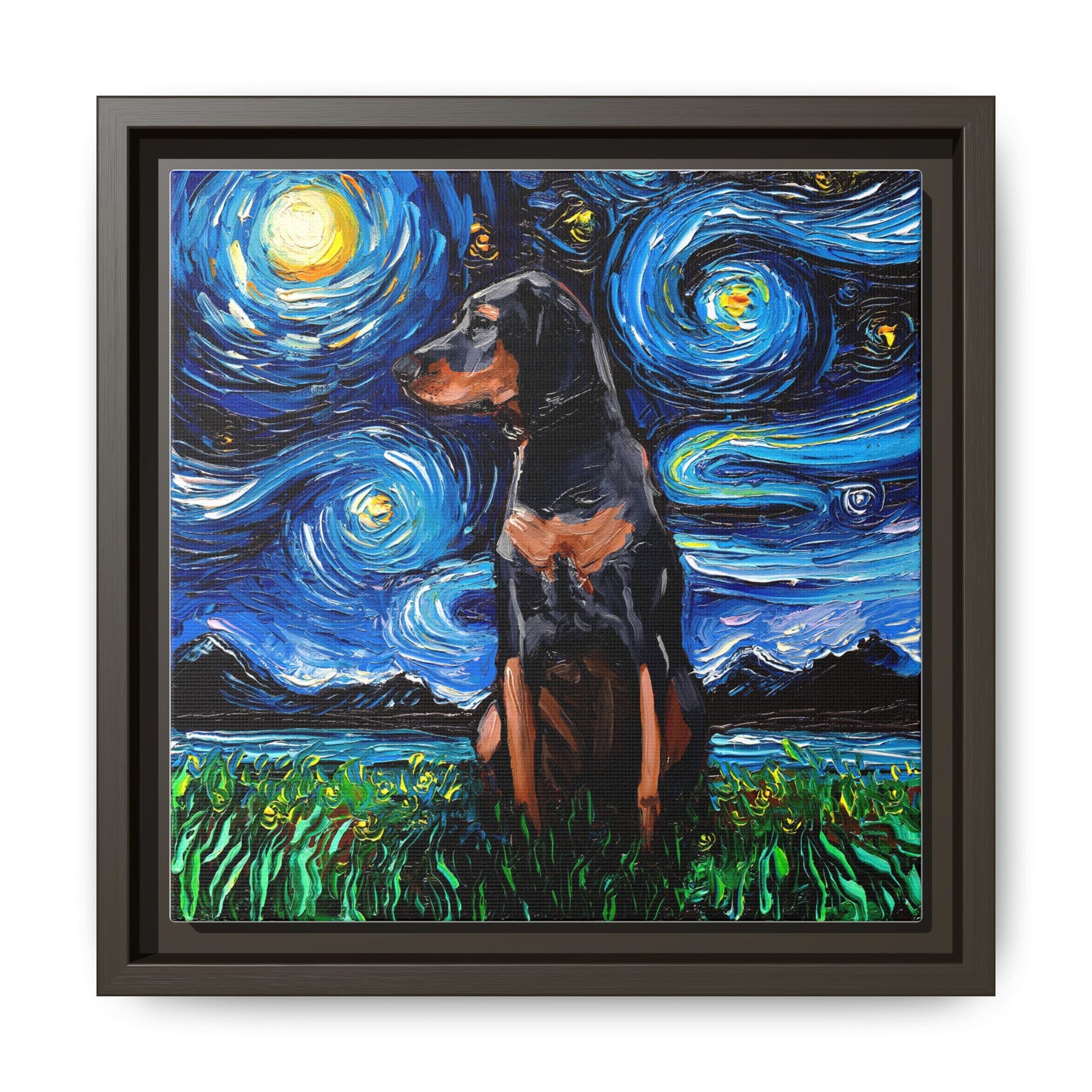 "Black and Tan Coonhound Night" Framed Canvas Wall Art