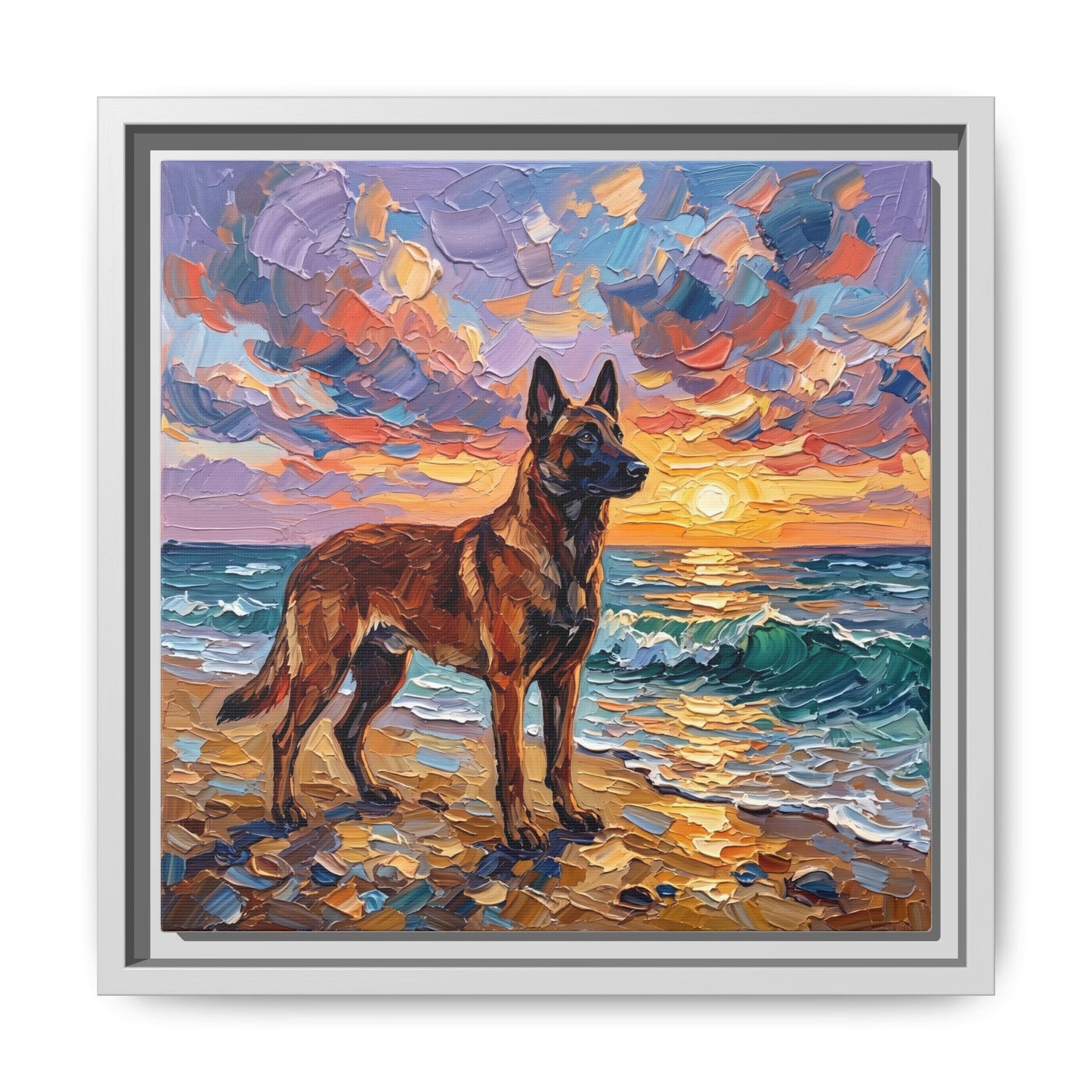 "Beach Sunset - Belgian Malinois" Framed Canvas Wall Art