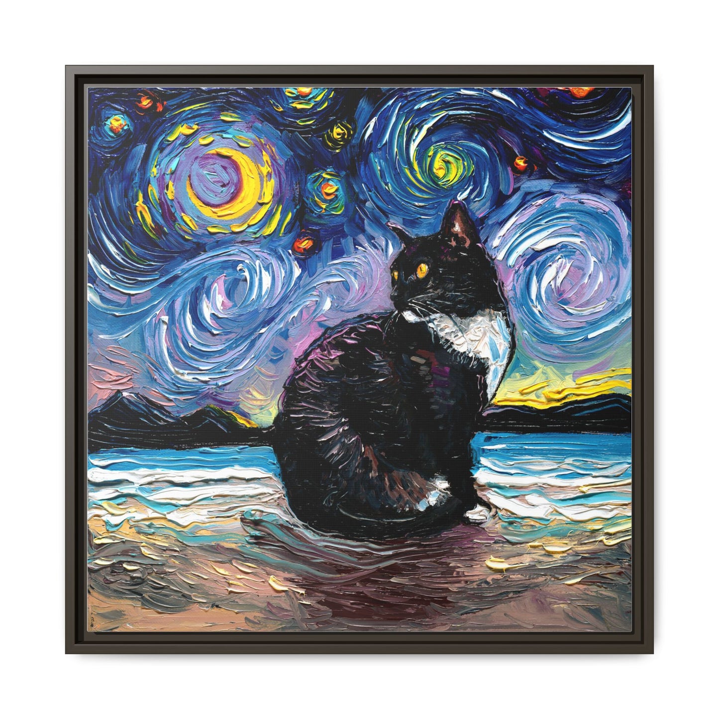 "Tuxedo Cat Night 2" Framed Canvas Wall Art