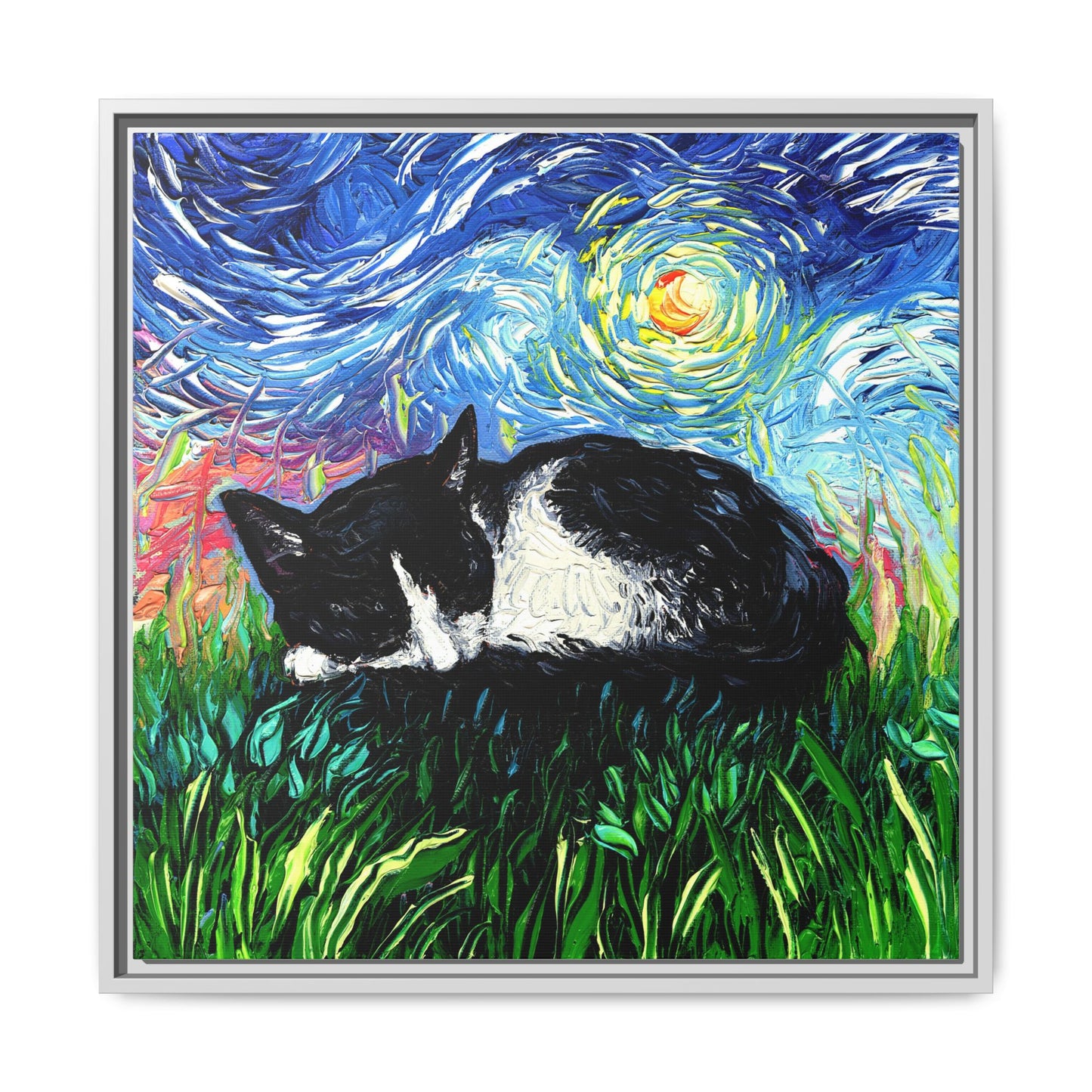 "Sleepy Tuxedo Kitten" Framed Canvas Wall Art