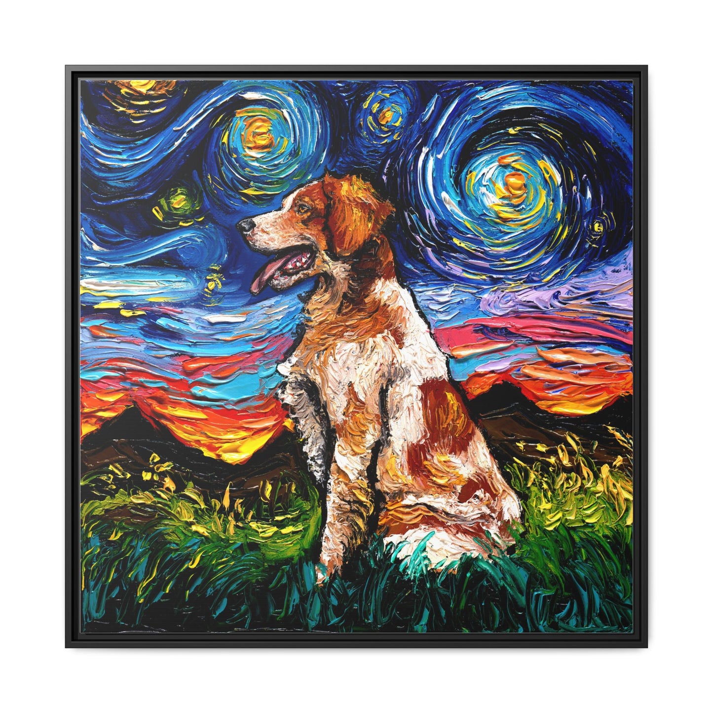 "Brittany Spaniel Night" Framed Canvas Wall Art