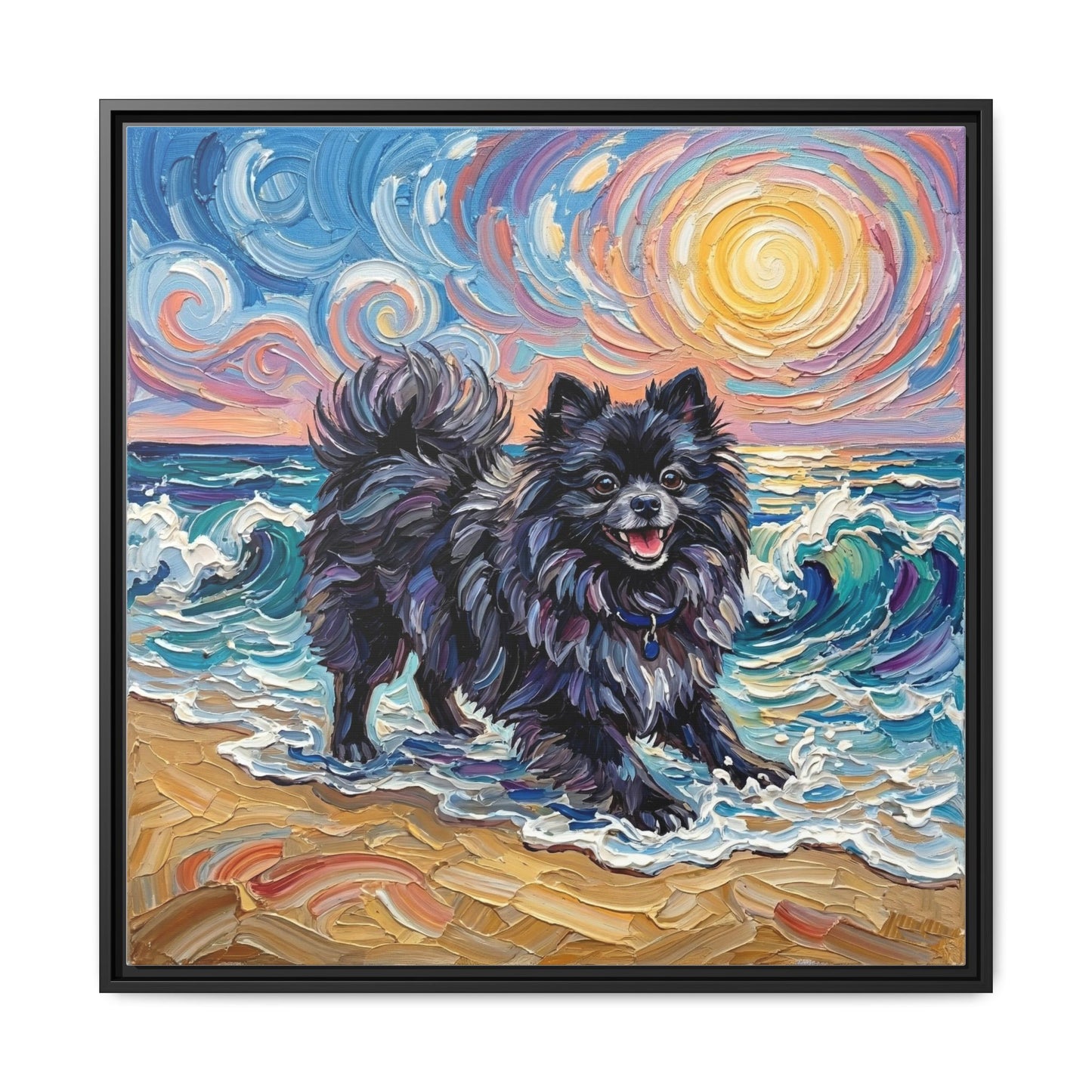 "Beach Day - Black Pomeranian" Framed Canvas Wall Art