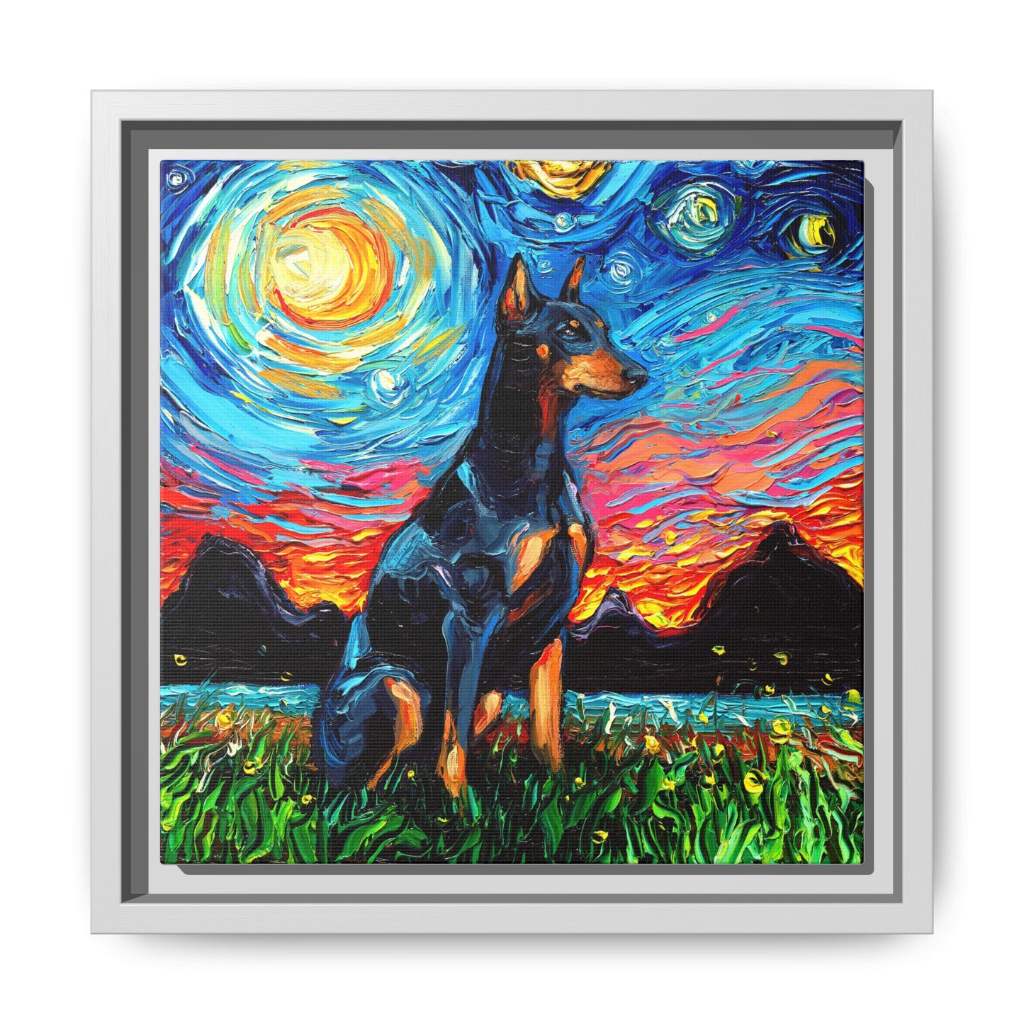 "Doberman Night" Framed Canvas Wall Art