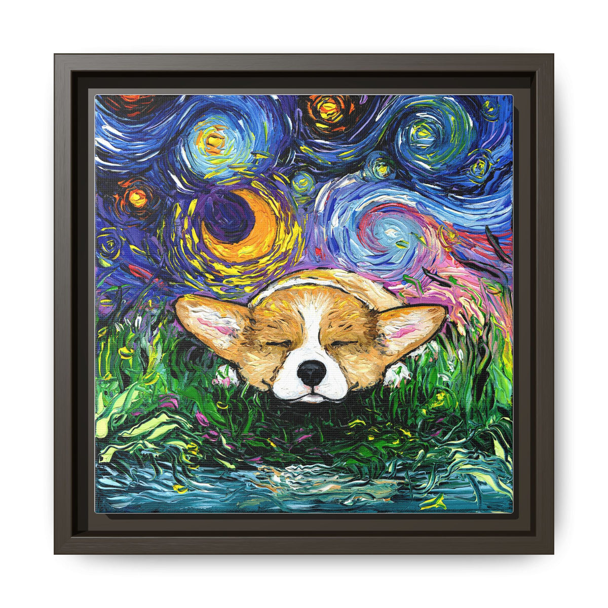 "Sleepy Corgi Night" Framed Canvas Wall Art