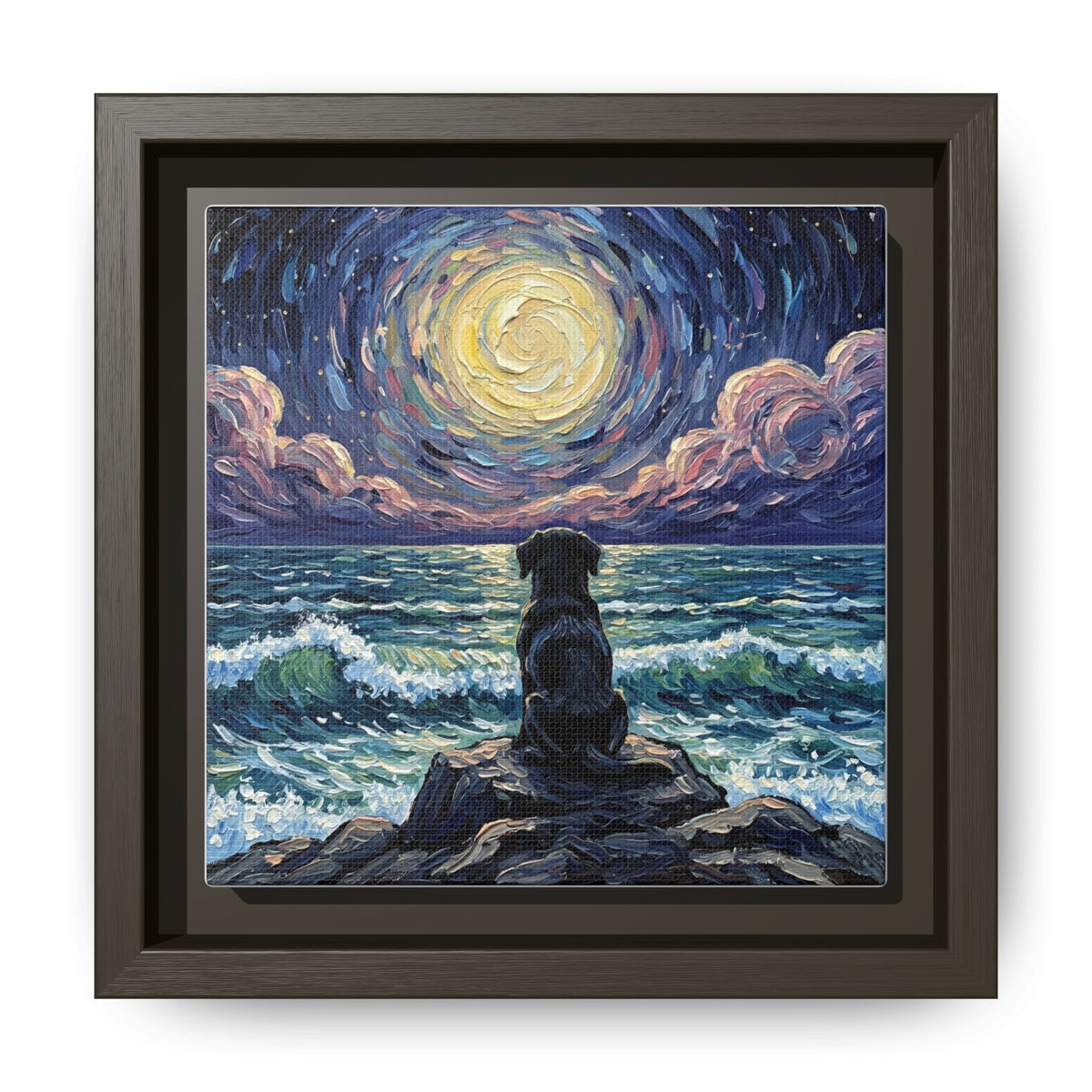 "Beach Night - Black Lab Puppy" Framed Canvas Wall Art