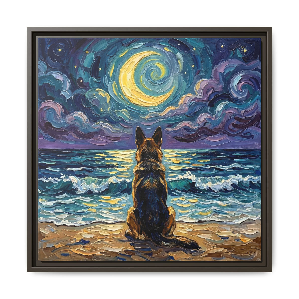 "Beach Night - German Shepherd" Framed Canvas Wall Art