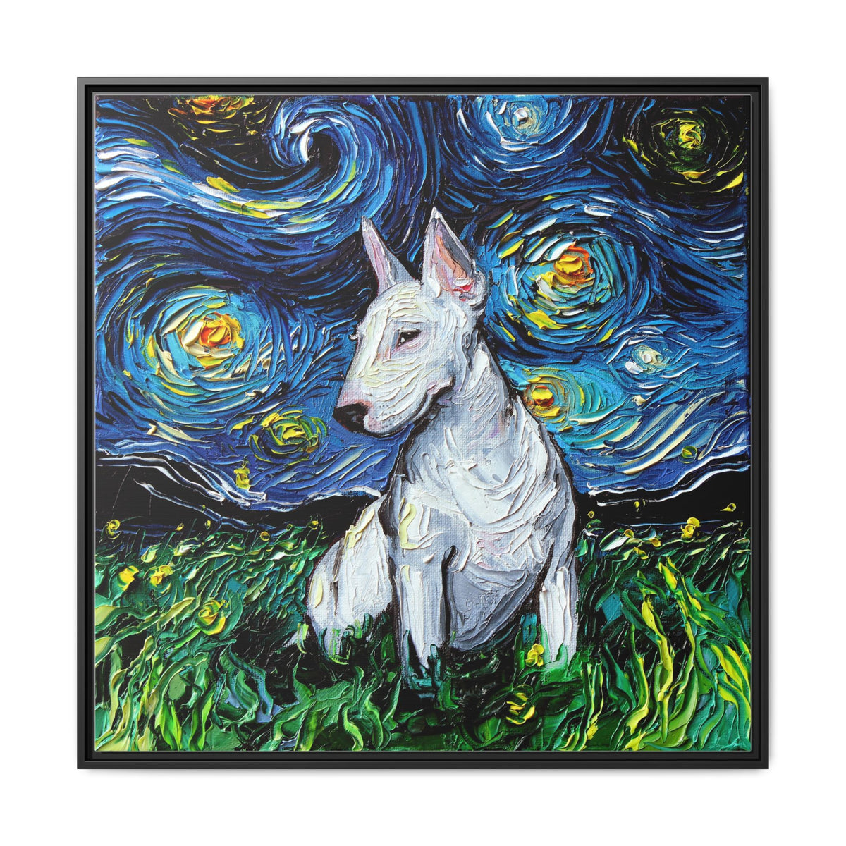 "Bull Terrier Night" Framed Canvas Wall Art