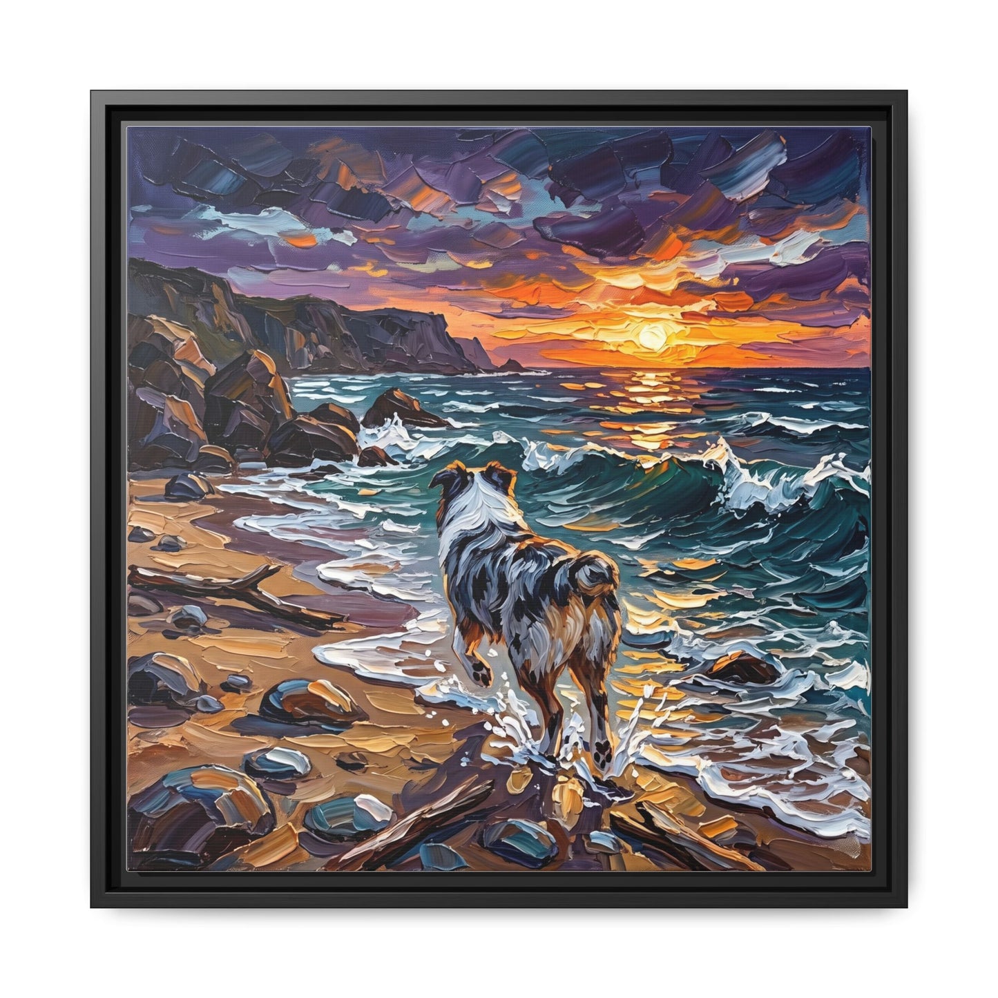 "Beach Day - Merle Aussie Shepherd" Framed Canvas Wall Art