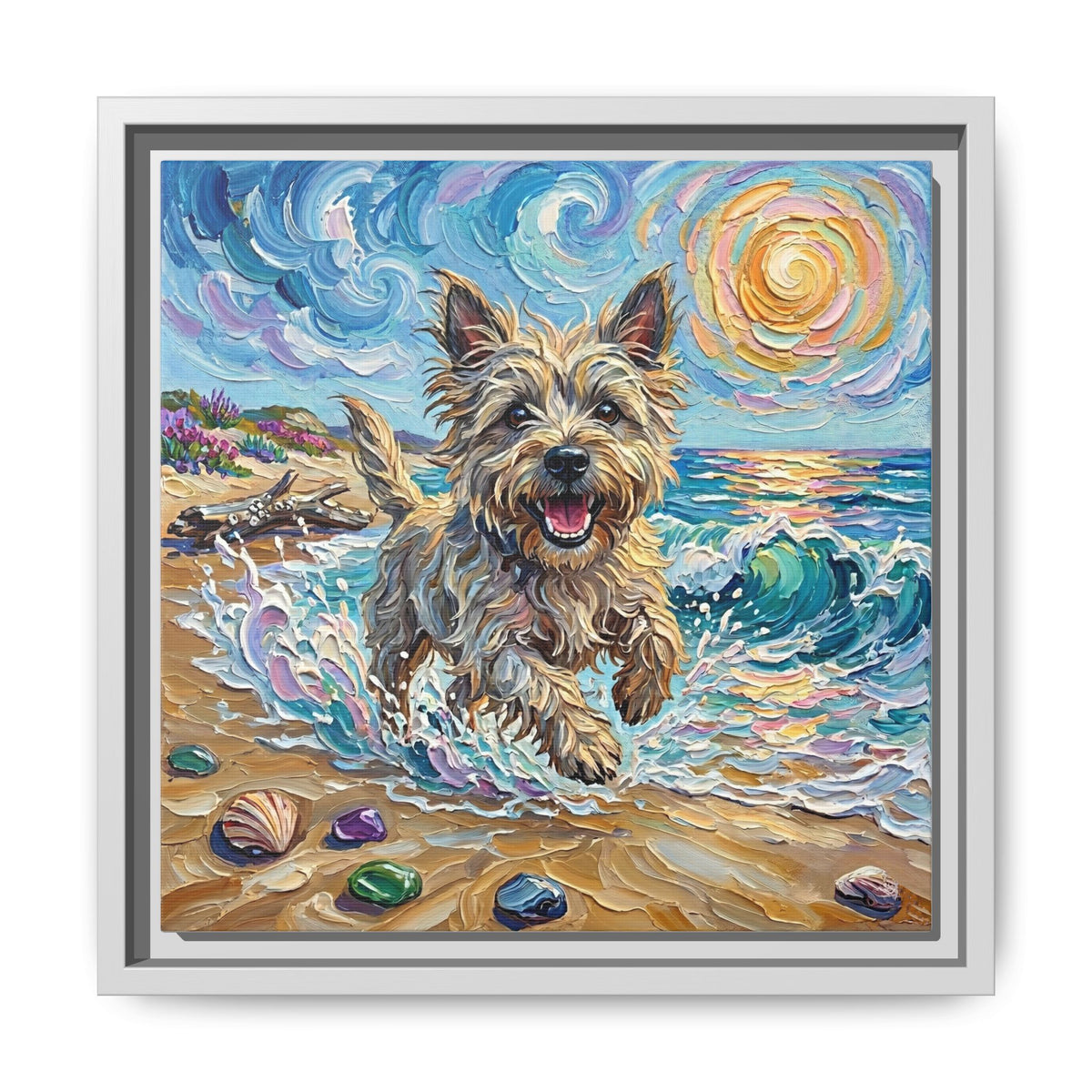 "Beach Days - Cairn Terrier" Framed Canvas Wall Art