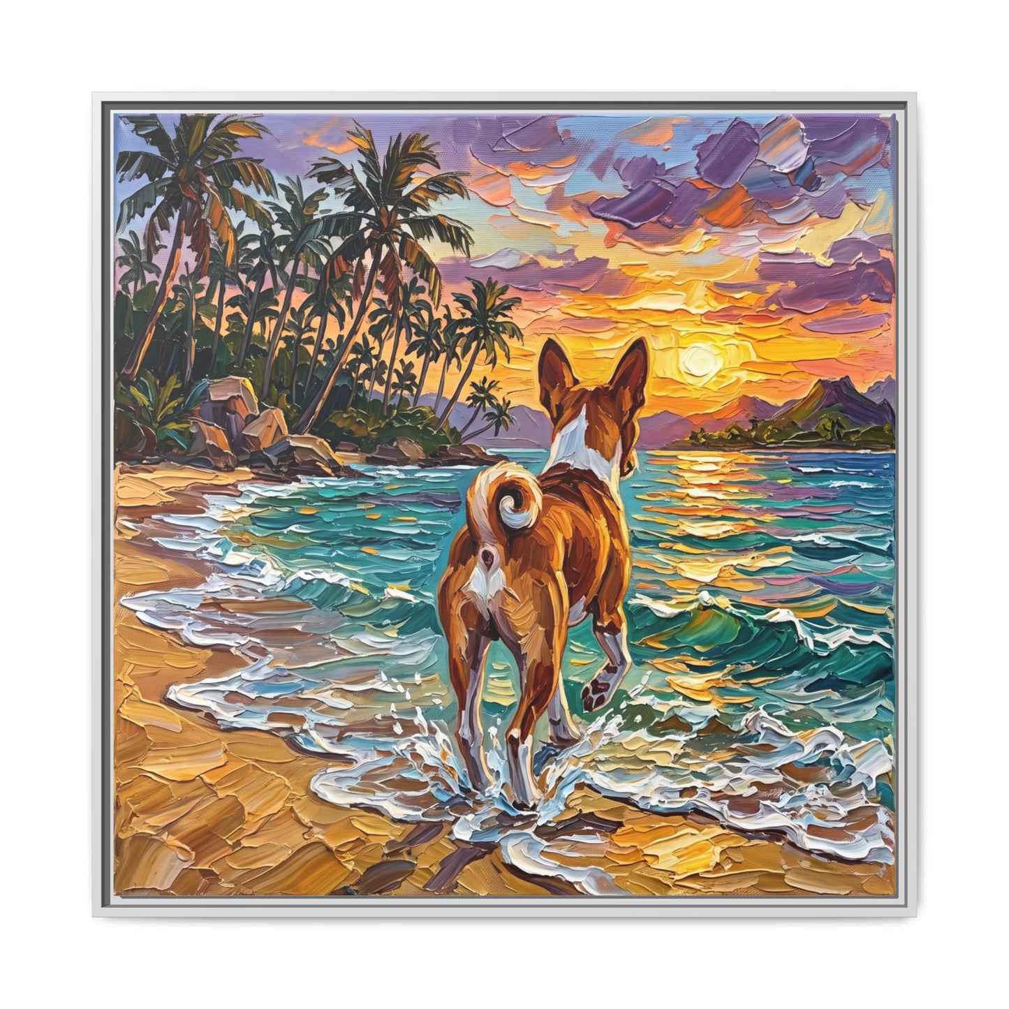 "Beach Day - Basenji" Framed Canvas Wall Art
