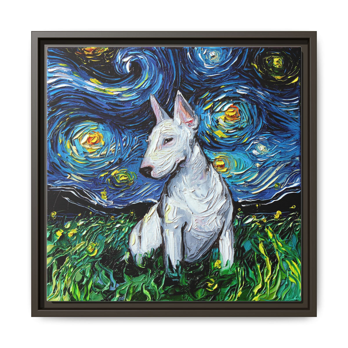 "Bull Terrier Night" Framed Canvas Wall Art