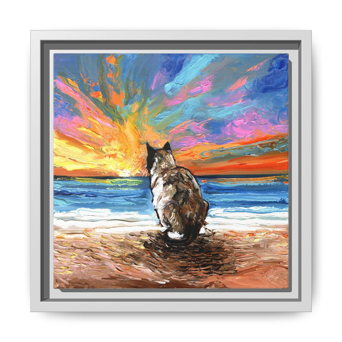 "Beach Day - Snowshoe Cat" Framed Canvas Wall Art