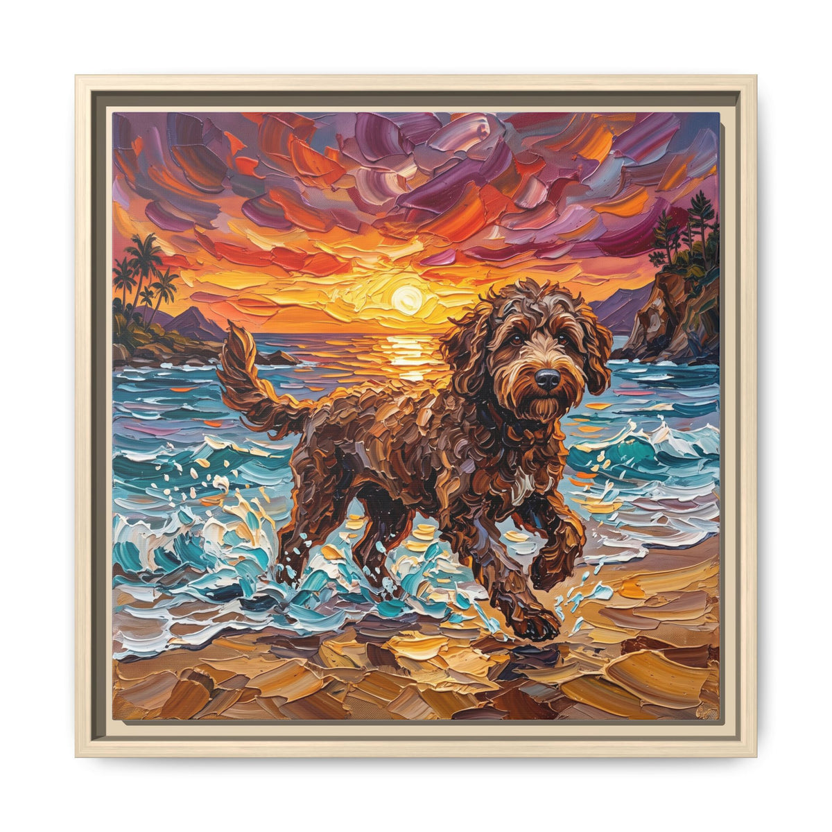 "Beach Day - Brown Goldendoodle" Framed Canvas Wall Art