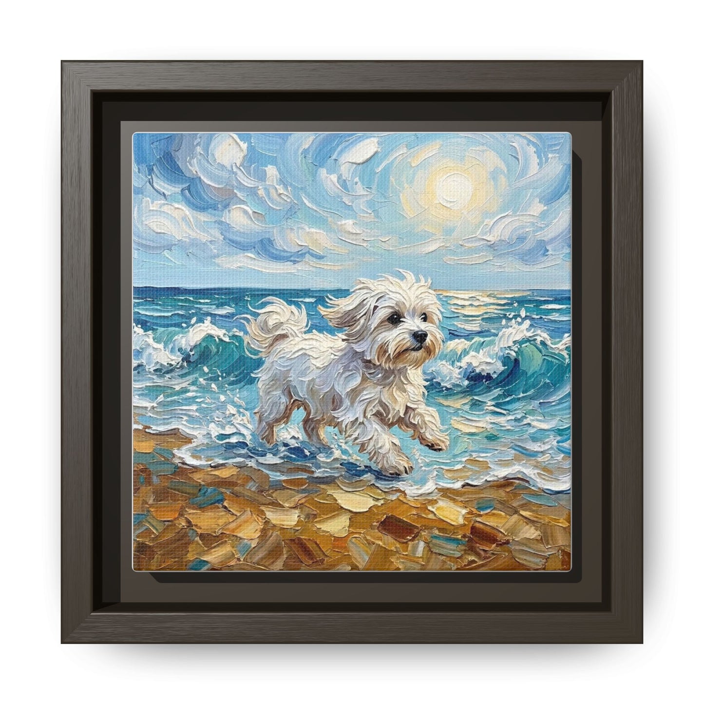 "Beach Day - Maltese" Framed Canvas Wall Art