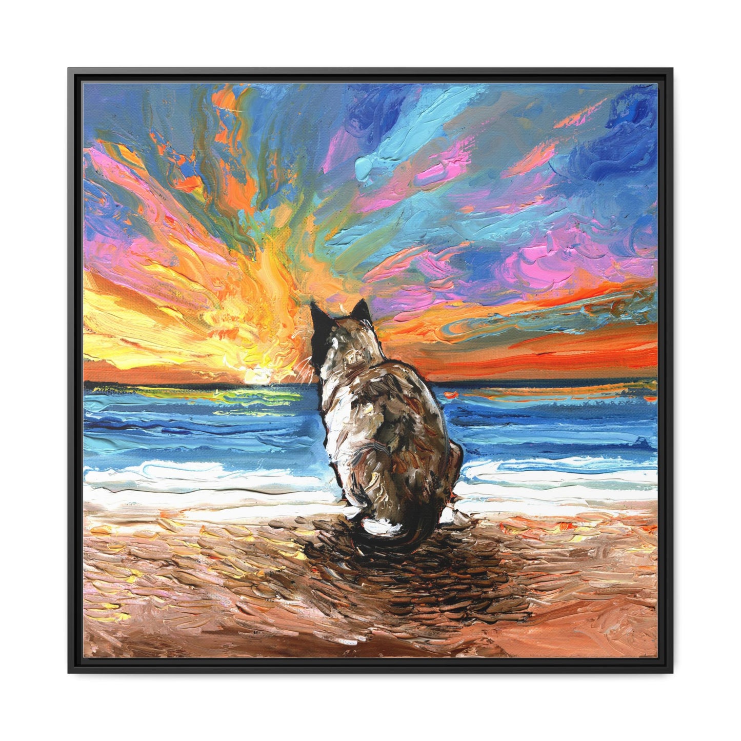 "Beach Day - Snowshoe Cat" Framed Canvas Wall Art