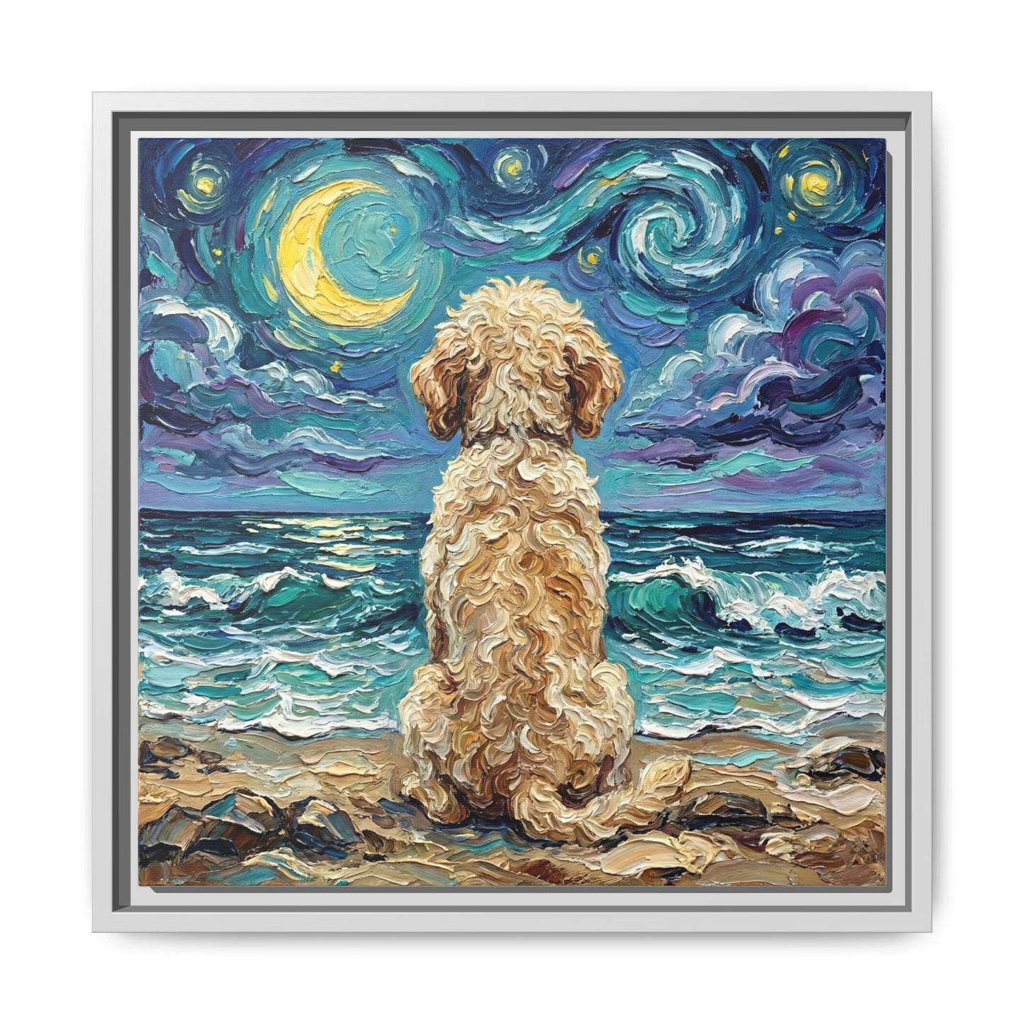 "Beach Nights - Goldendoodle" Framed Canvas Wall Art