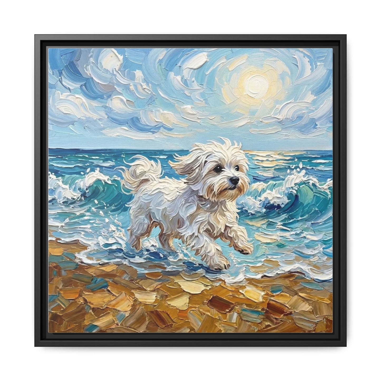 "Beach Day - Maltese" Framed Canvas Wall Art