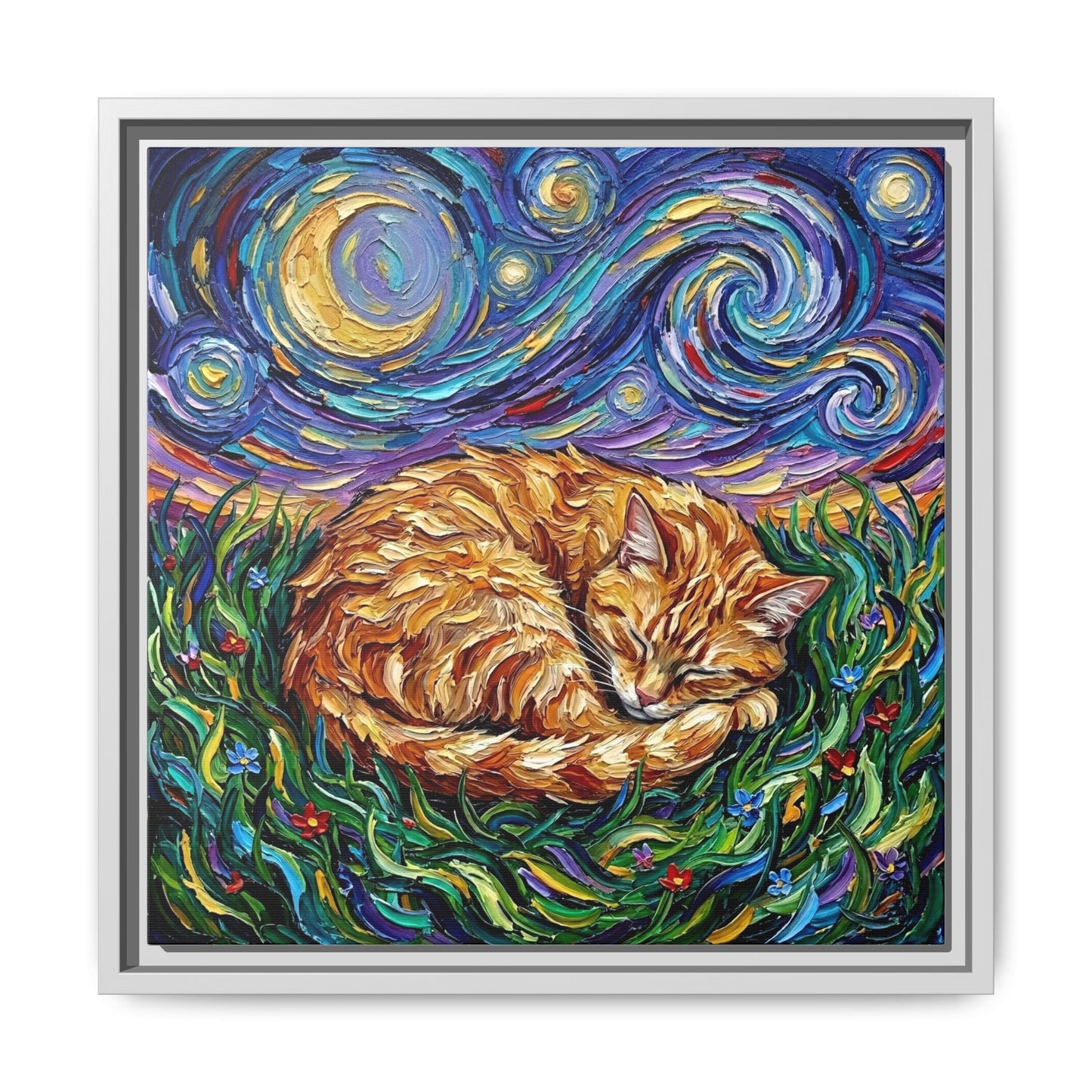 "Sleepy Orange Tabby Night" Framed Canvas Wall Art