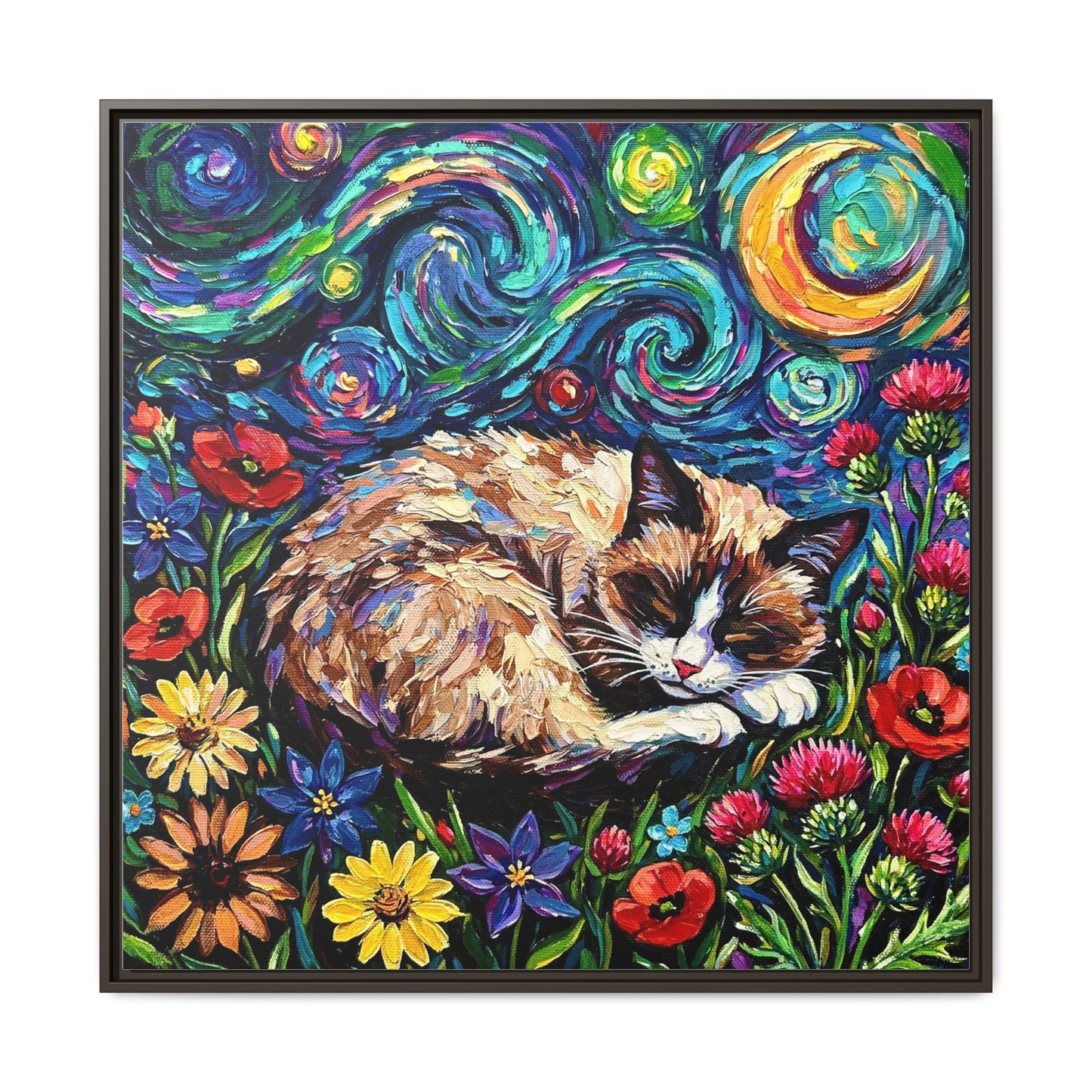 "Sleepy Snowshoe Cat Night" Framed Canvas Wall Art