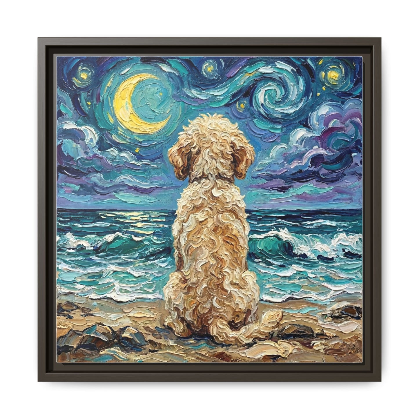 "Beach Nights - Goldendoodle" Framed Canvas Wall Art