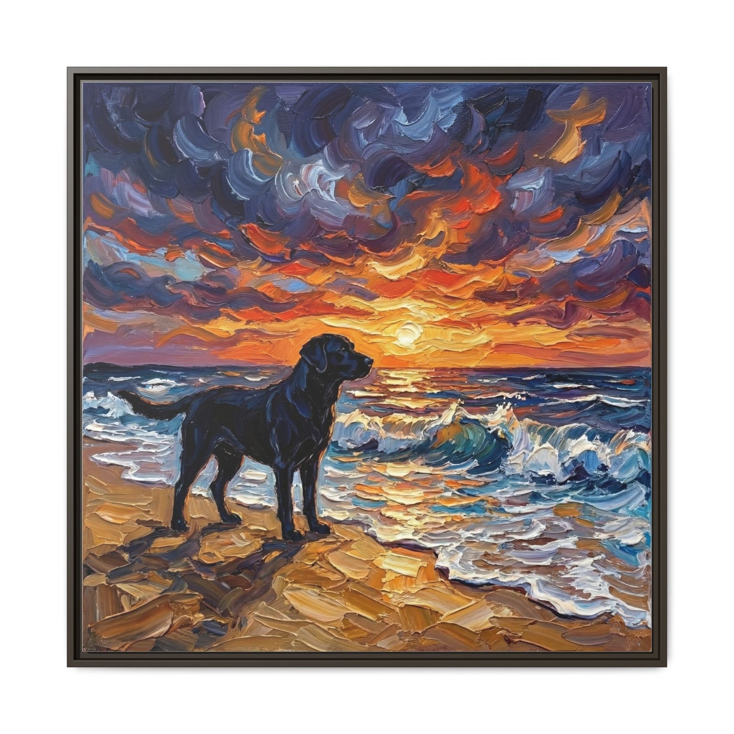 "Beach Sunset - Black Labrador" Framed Canvas Wall Art
