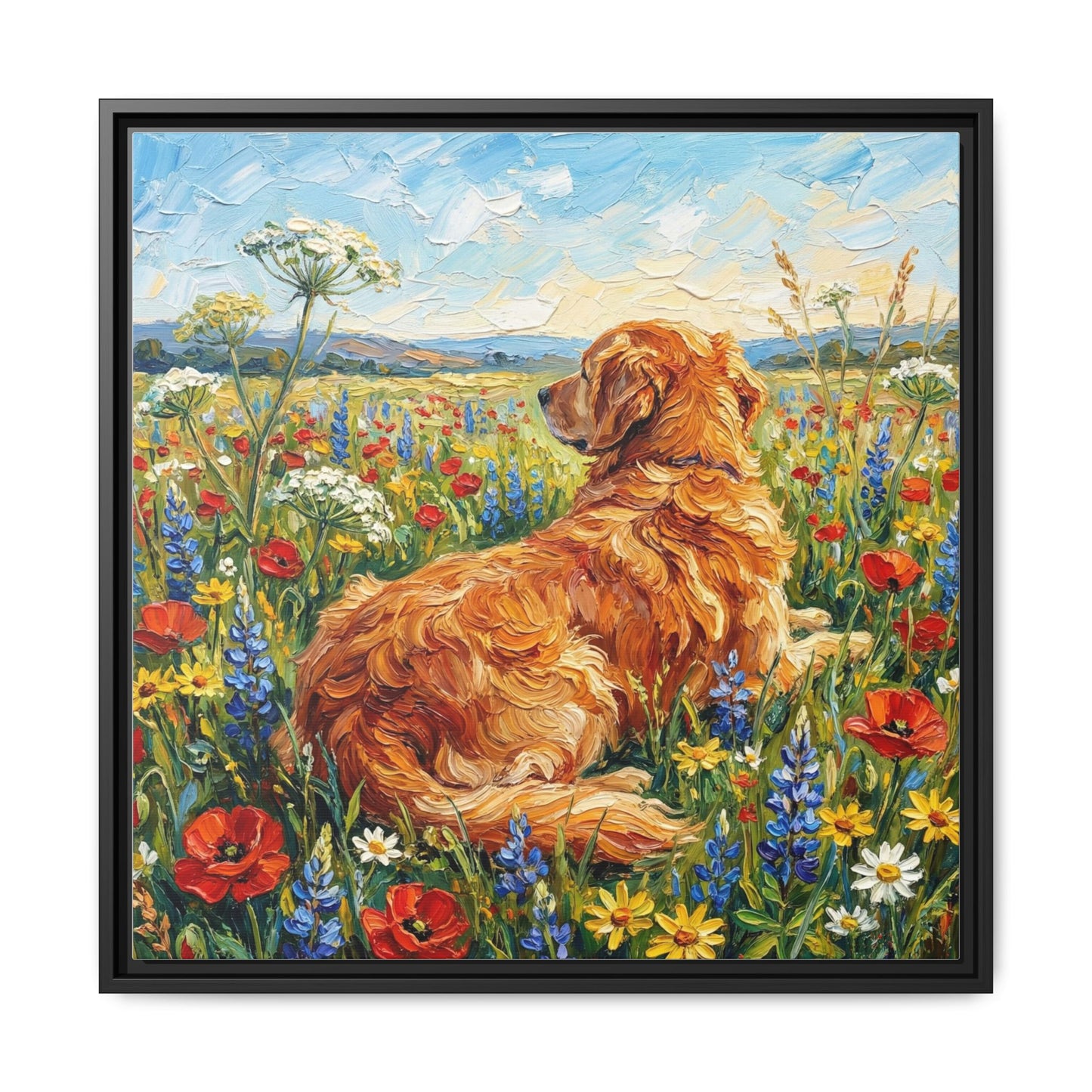 "Amongst The Flowers - Golden Retriever" Framed Canvas Wall Art