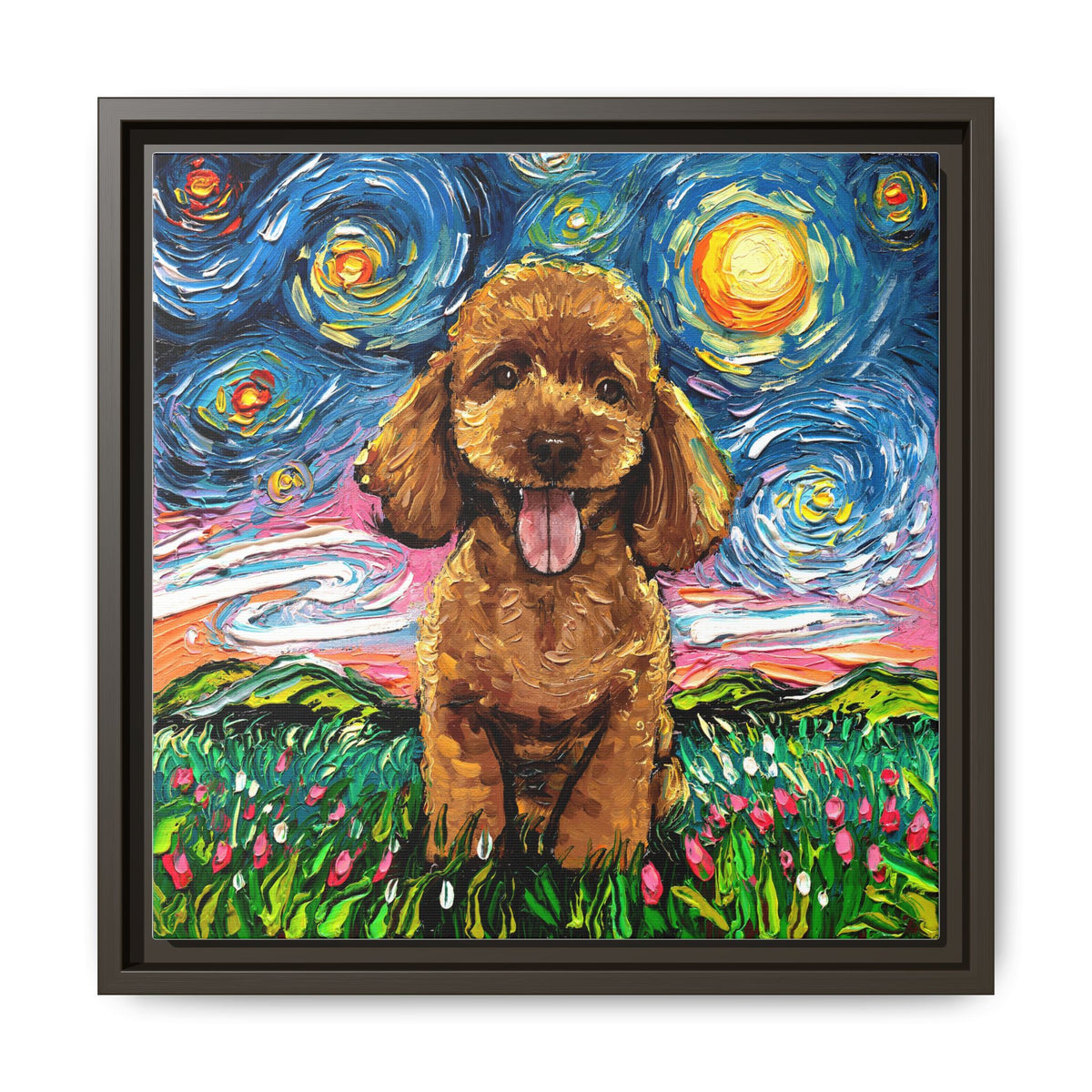 "Apricot Poodle Puppy Night" Framed Canvas Wall Art