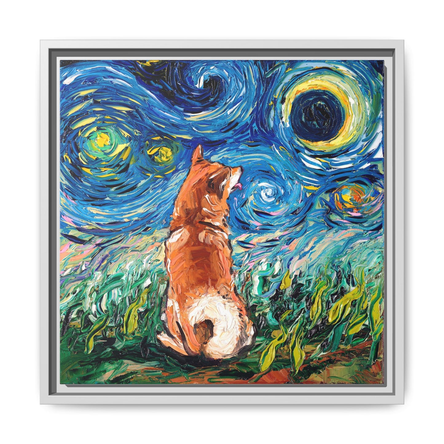"Shiba Inu Night" Framed Canvas Wall Art