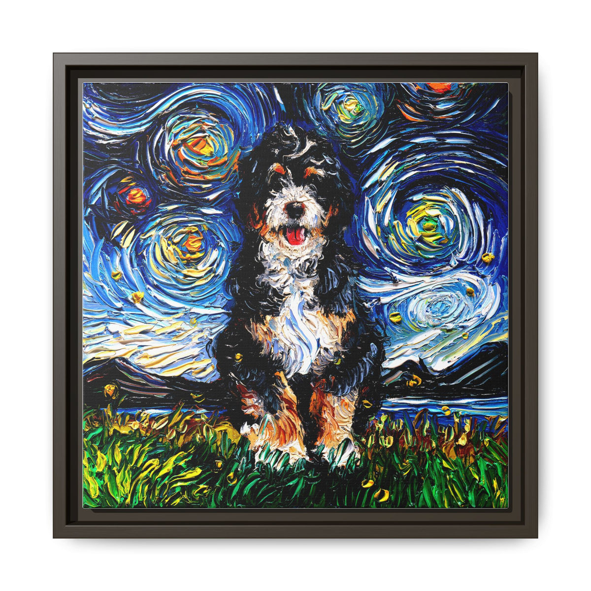 "Bernedoodle Night" Framed Canvas Wall Art