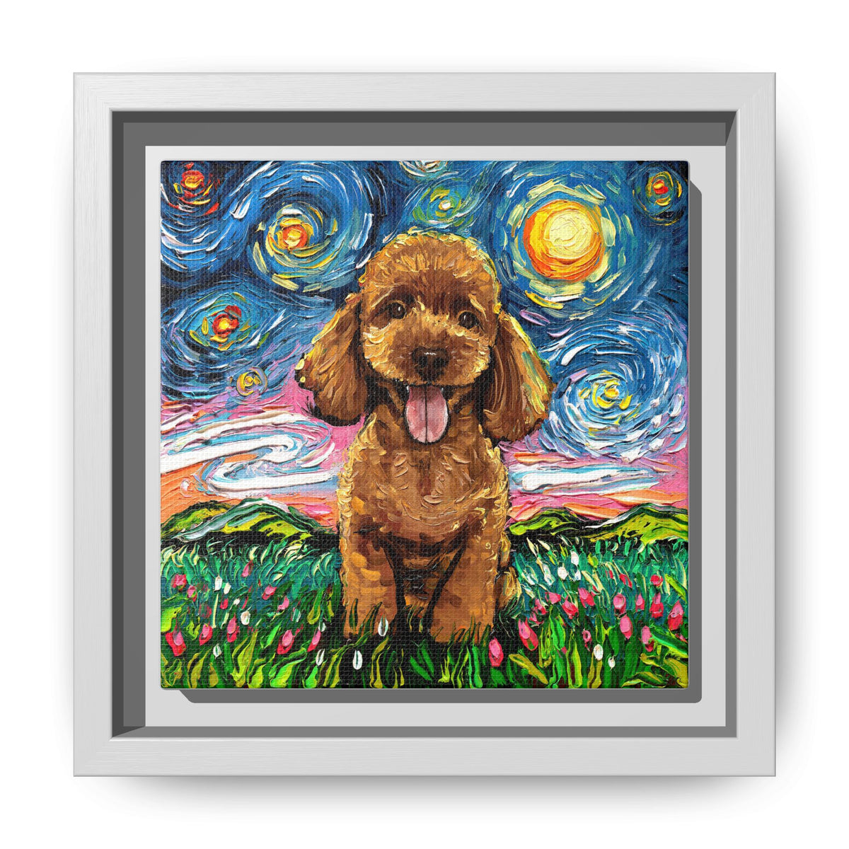 "Apricot Poodle Puppy Night" Framed Canvas Wall Art