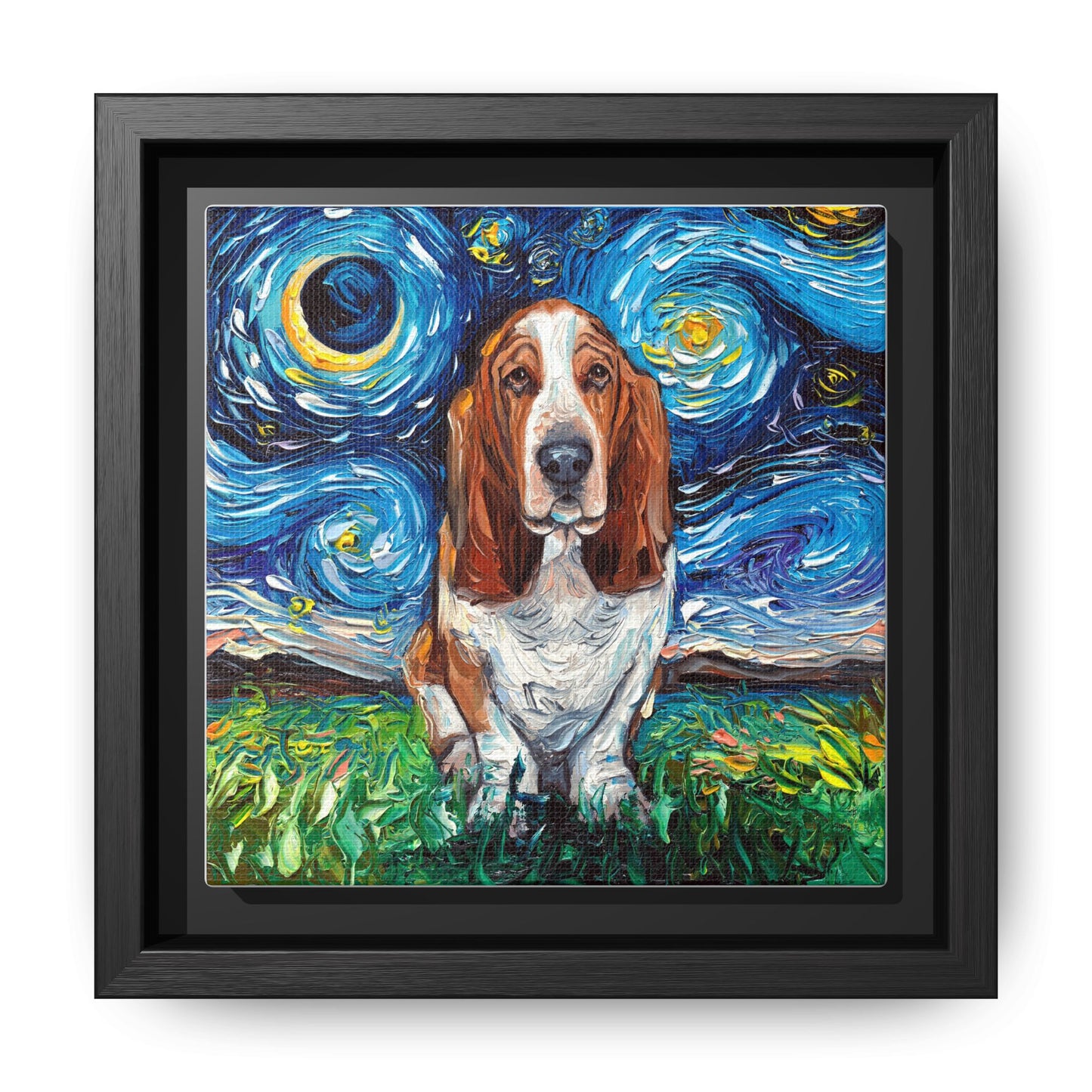 "Basset Hound Night" Framed Canvas Wall Art