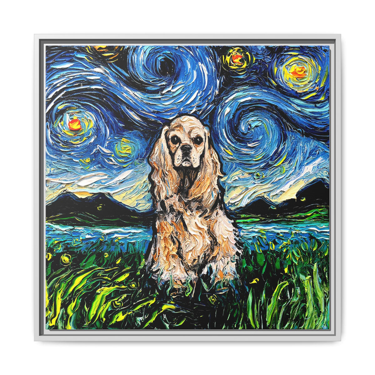 "Buff American Cocker Spaniel Night" Framed Canvas Wall Art