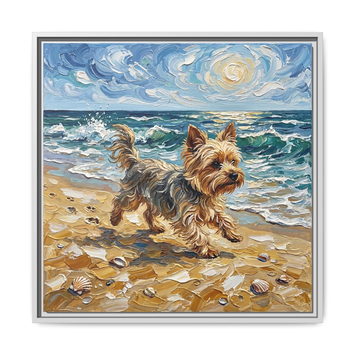 "Beach Day - Yorkie" Framed Canvas Wall Art