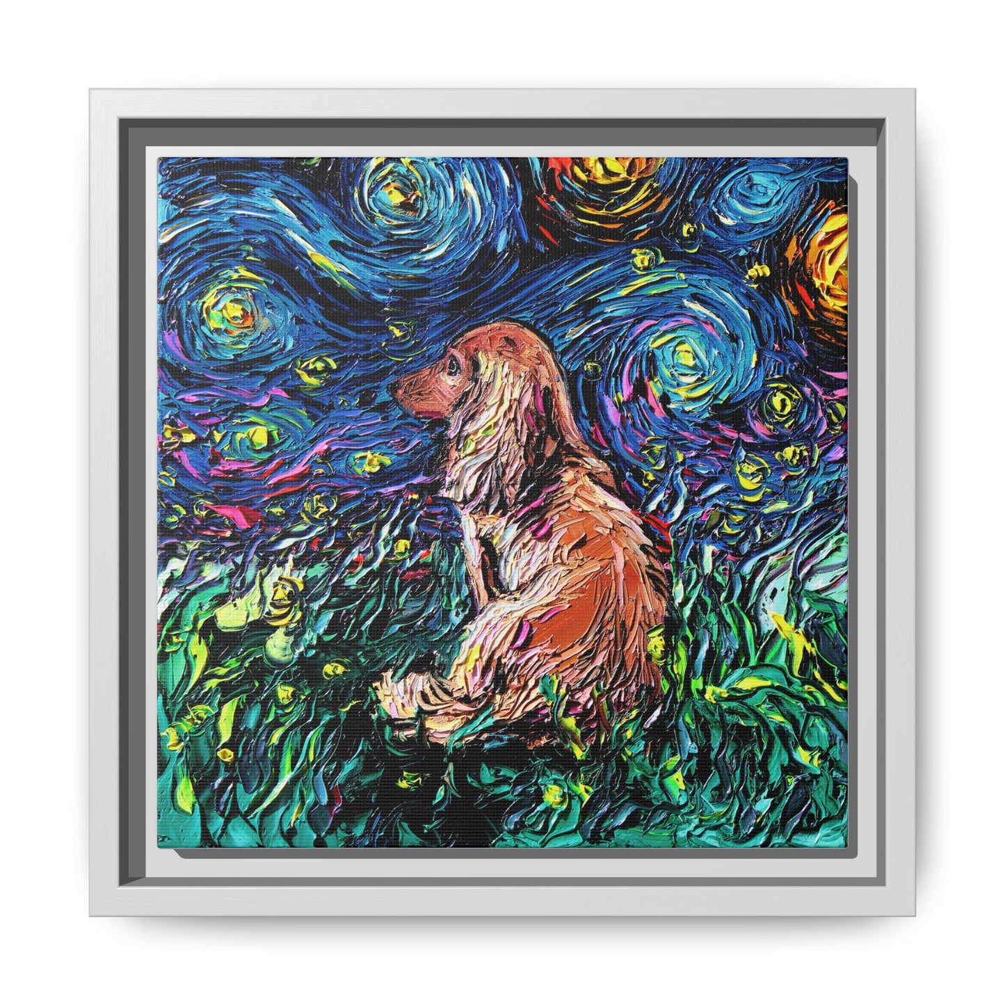 "Long Haired Brown Dachshund Night" Framed Canvas Wall Art
