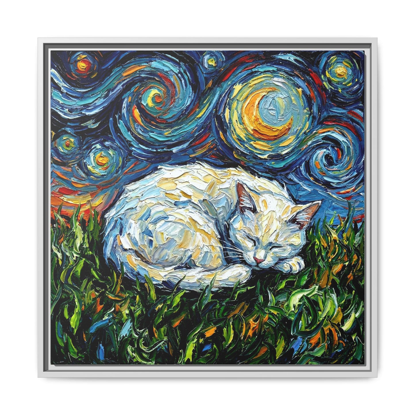 "Sleepy White Cat Night" Framed Canvas Wall Art