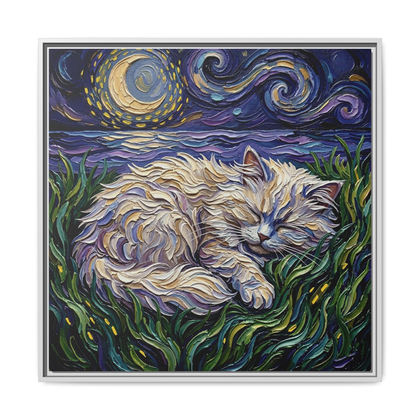 "Sleepy White Persian Night" Framed Canvas Wall Art
