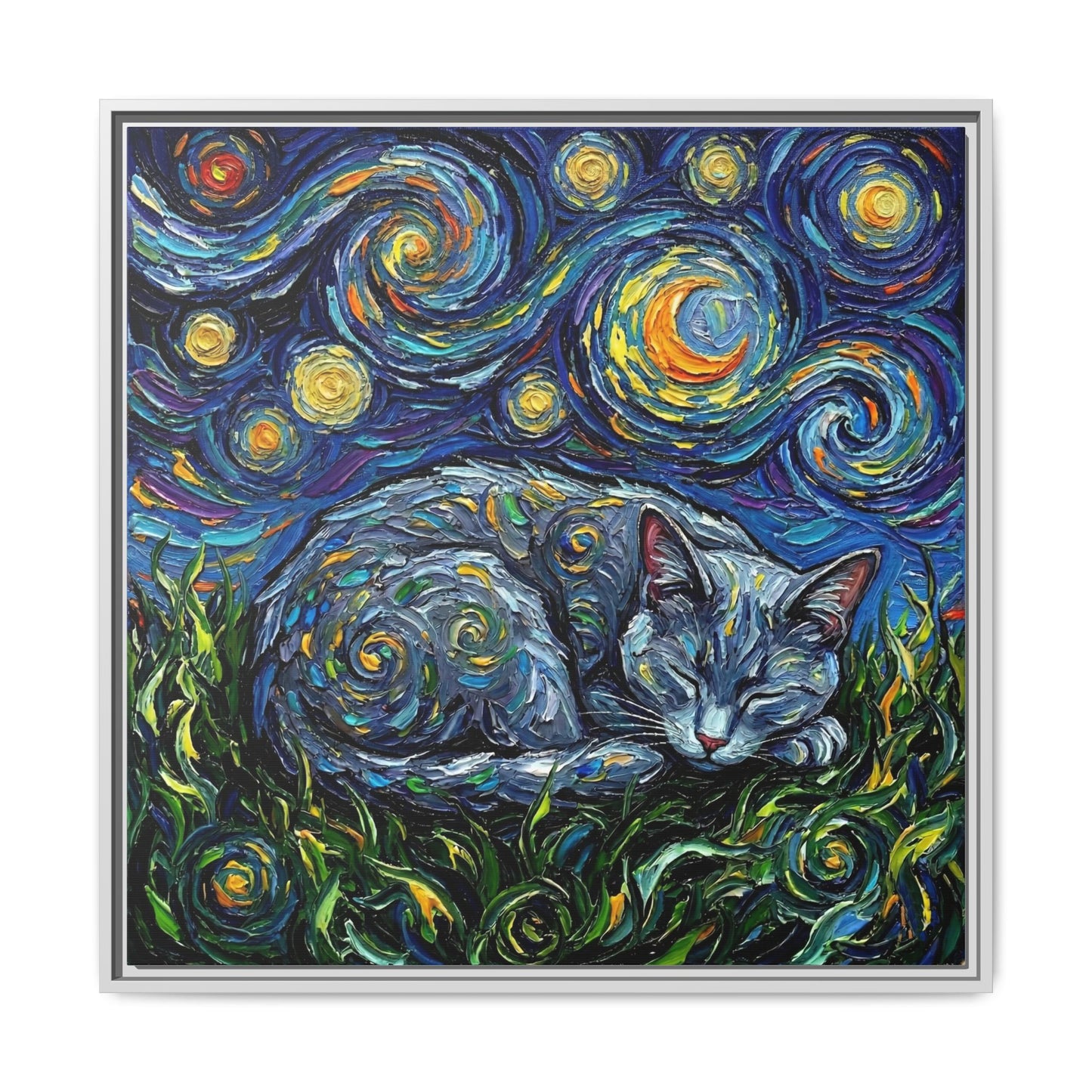 "Sleepy Korat Cat Night" Framed Canvas Wall Art