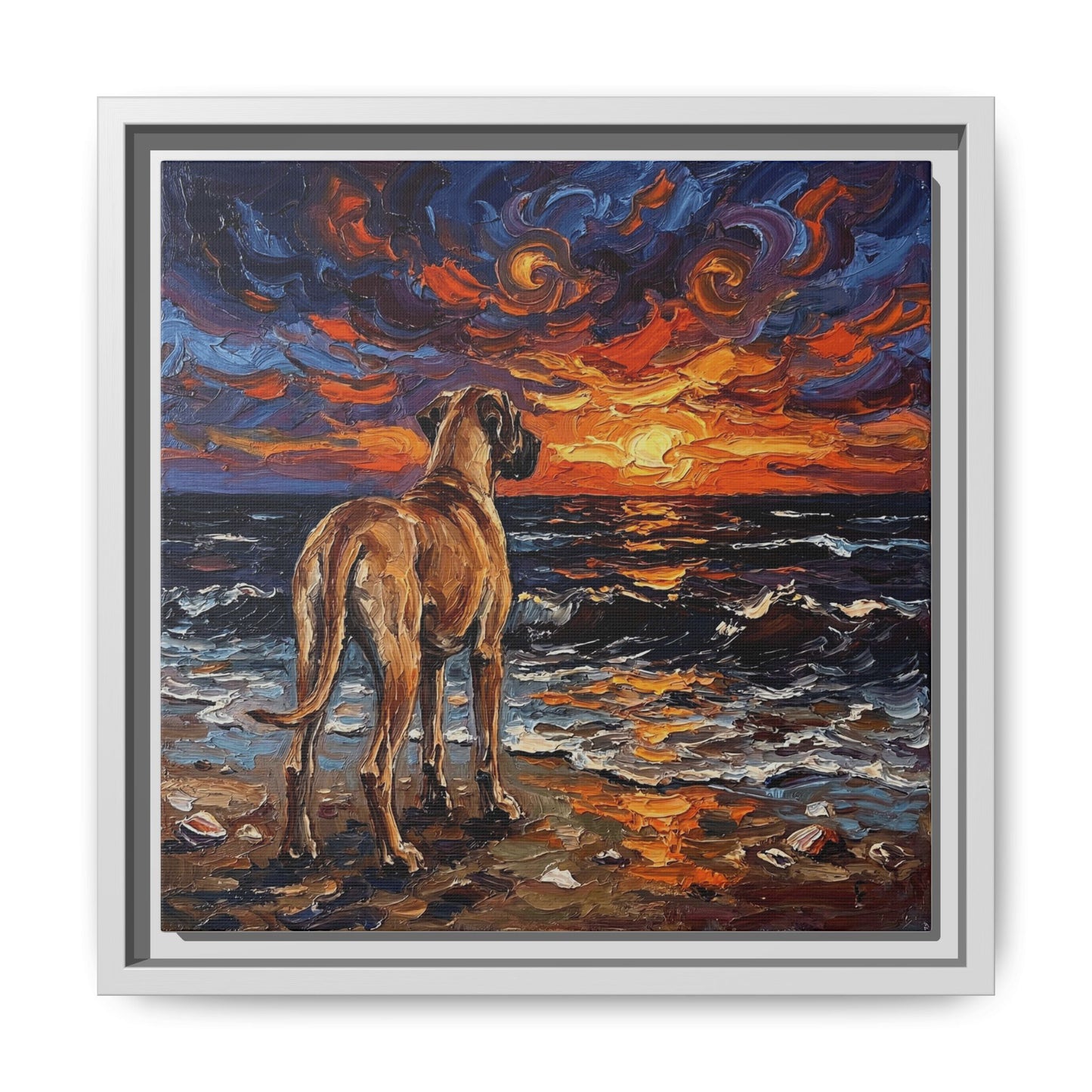 "Beach Sunset - Fawn Great Dane" Framed Canvas Wall Art