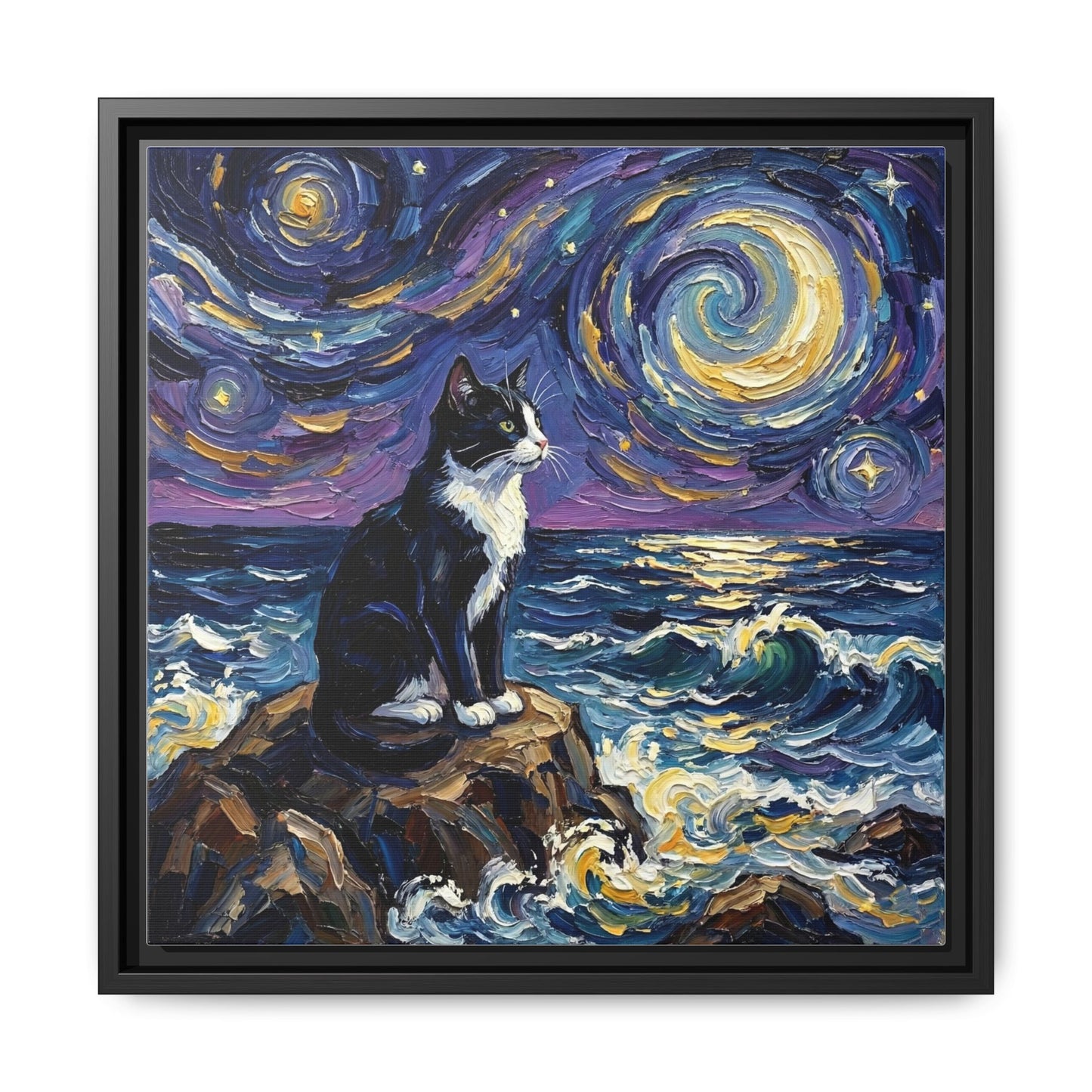 "Beach Night - Tuxedo Cat" Framed Canvas Wall Art