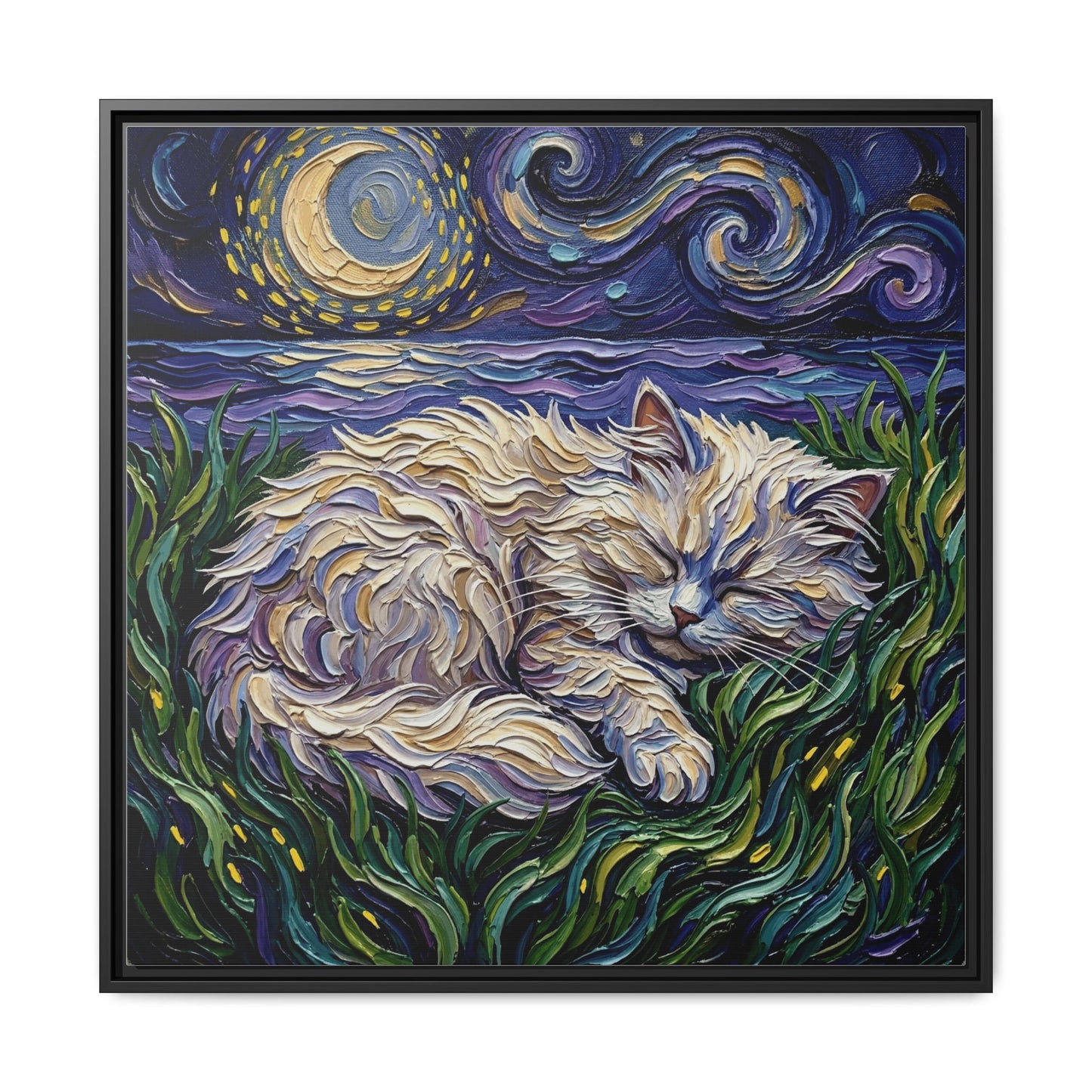 "Sleepy White Persian Night" Framed Canvas Wall Art