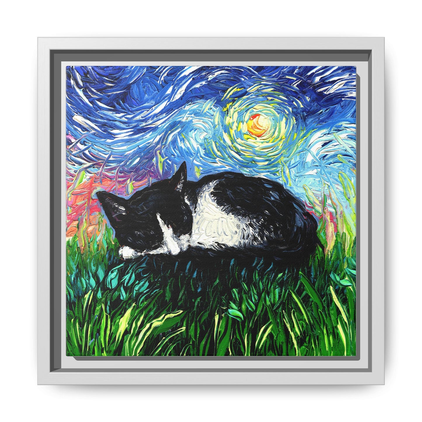 "Sleepy Tuxedo Kitten" Framed Canvas Wall Art