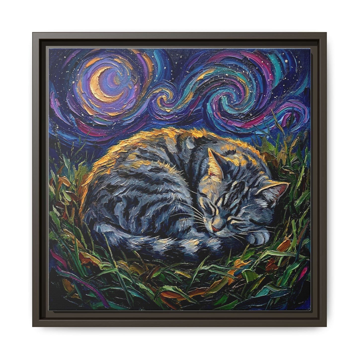 "Sleepy American Shorthair Tabby Night" Framed Canvas Wall Art