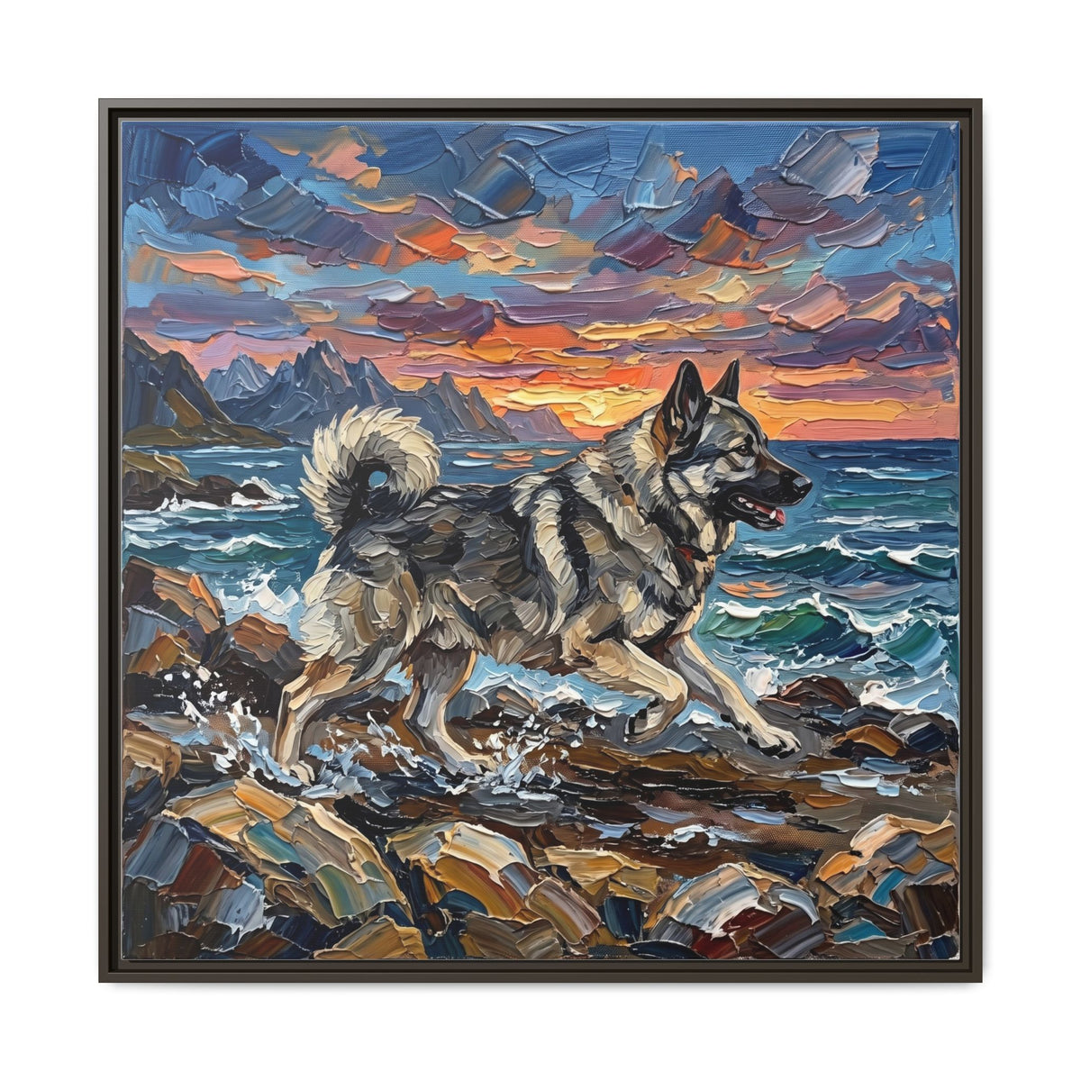 "Beach Days - Norwegian Elkhound" Framed Canvas Wall Art