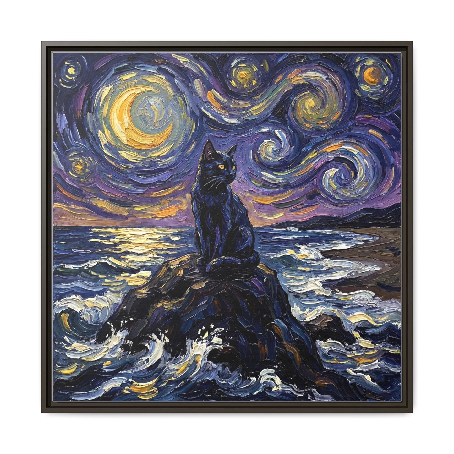"Beach Night - Black Cat" Framed Canvas Wall Art