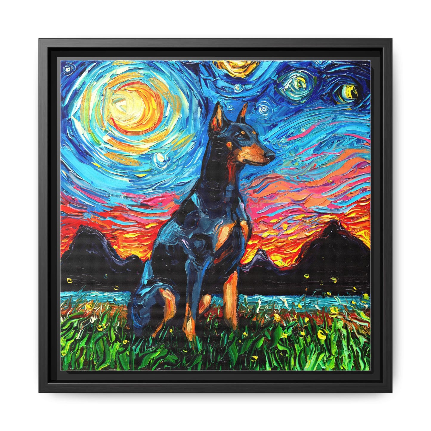 "Doberman Night" Framed Canvas Wall Art