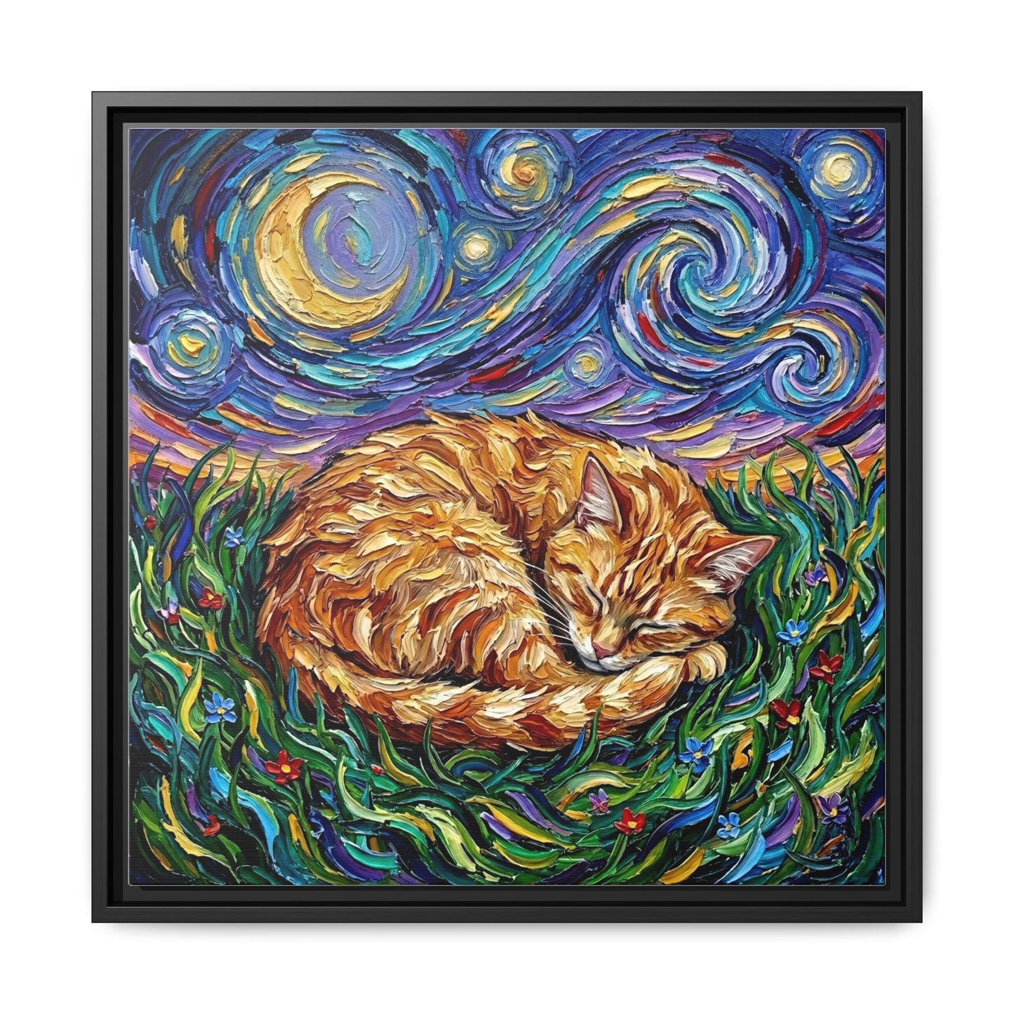 "Sleepy Orange Tabby Night" Framed Canvas Wall Art