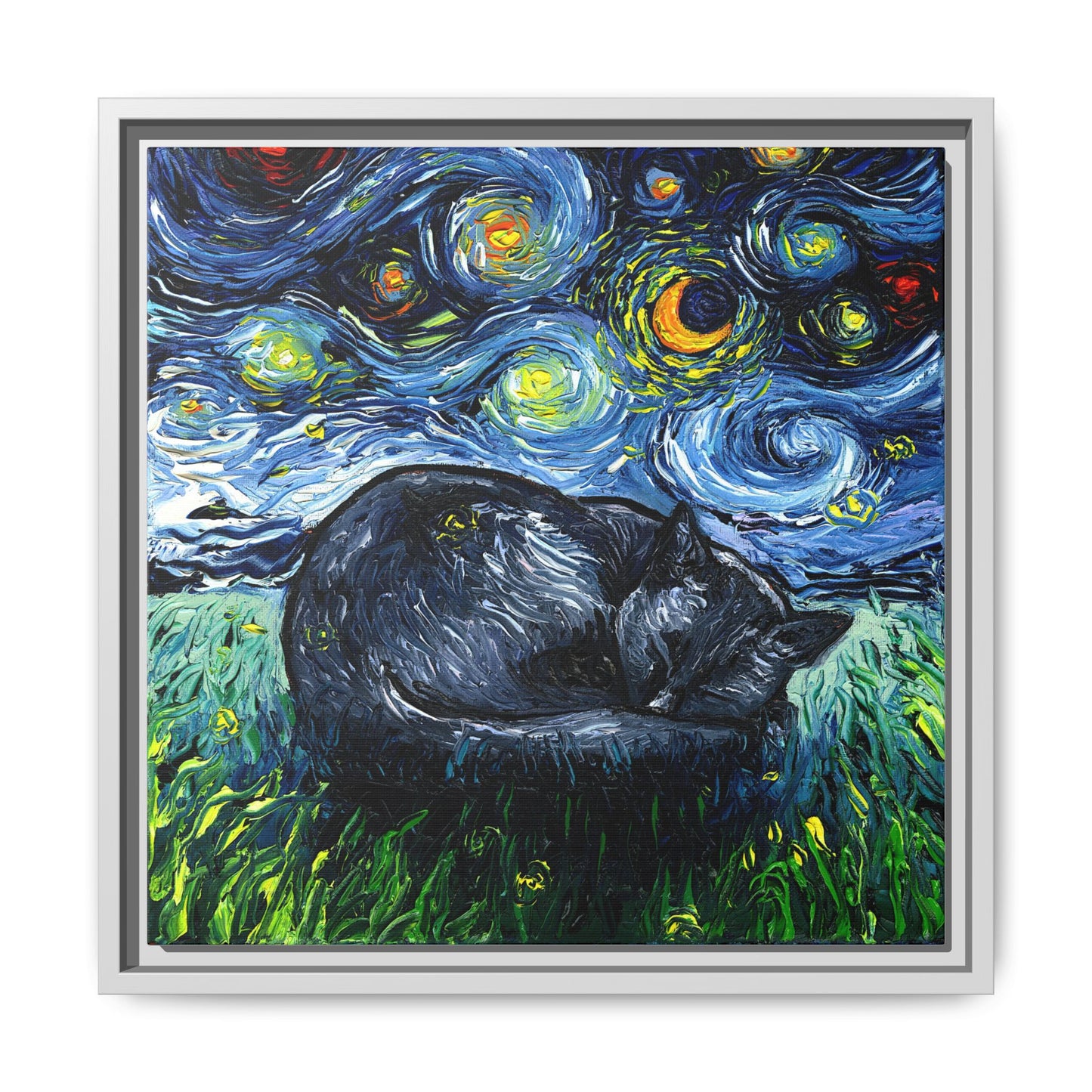 "Sleepy Black Cat Night" Framed Canvas Wall Art