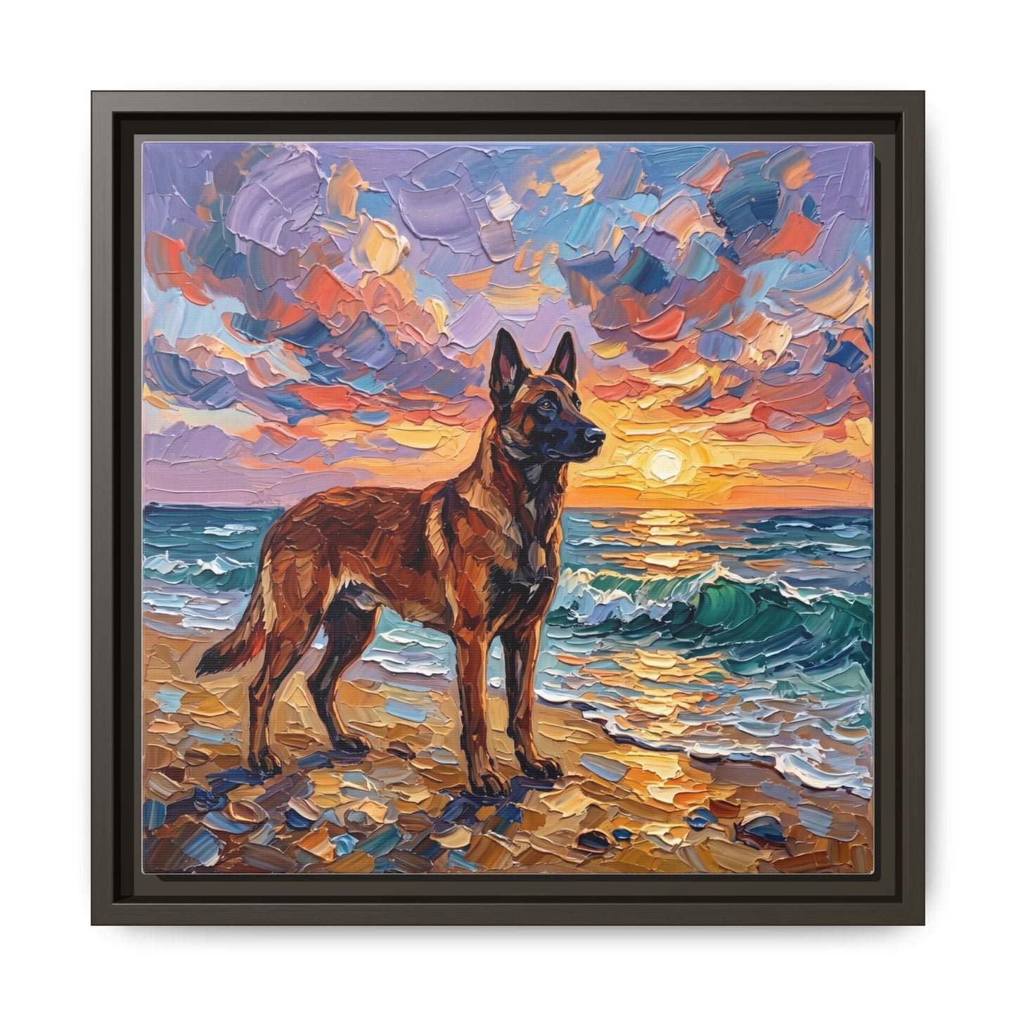"Beach Sunset - Belgian Malinois" Framed Canvas Wall Art