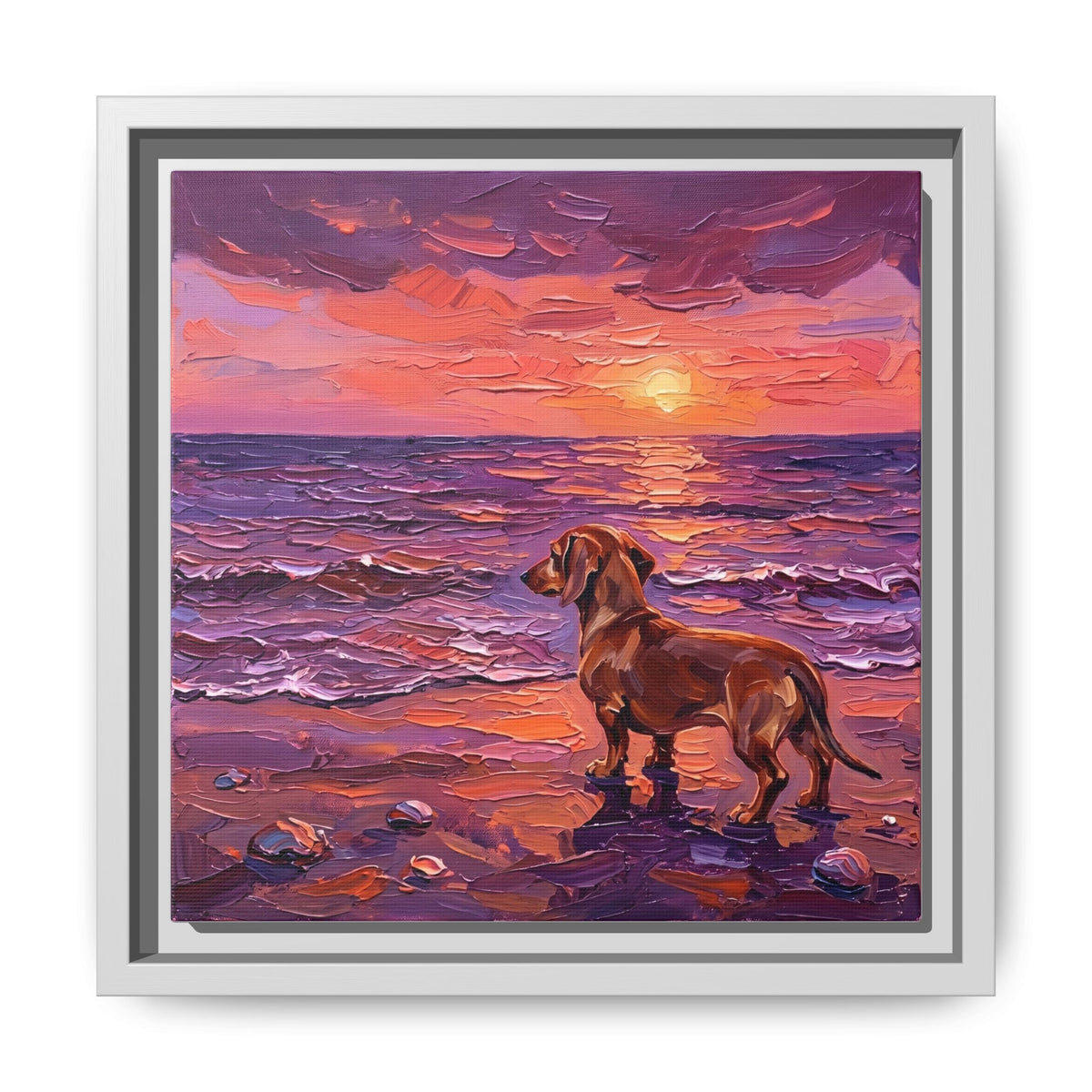 "Beach Day - Brown Dachshund" Framed Canvas Wall Art