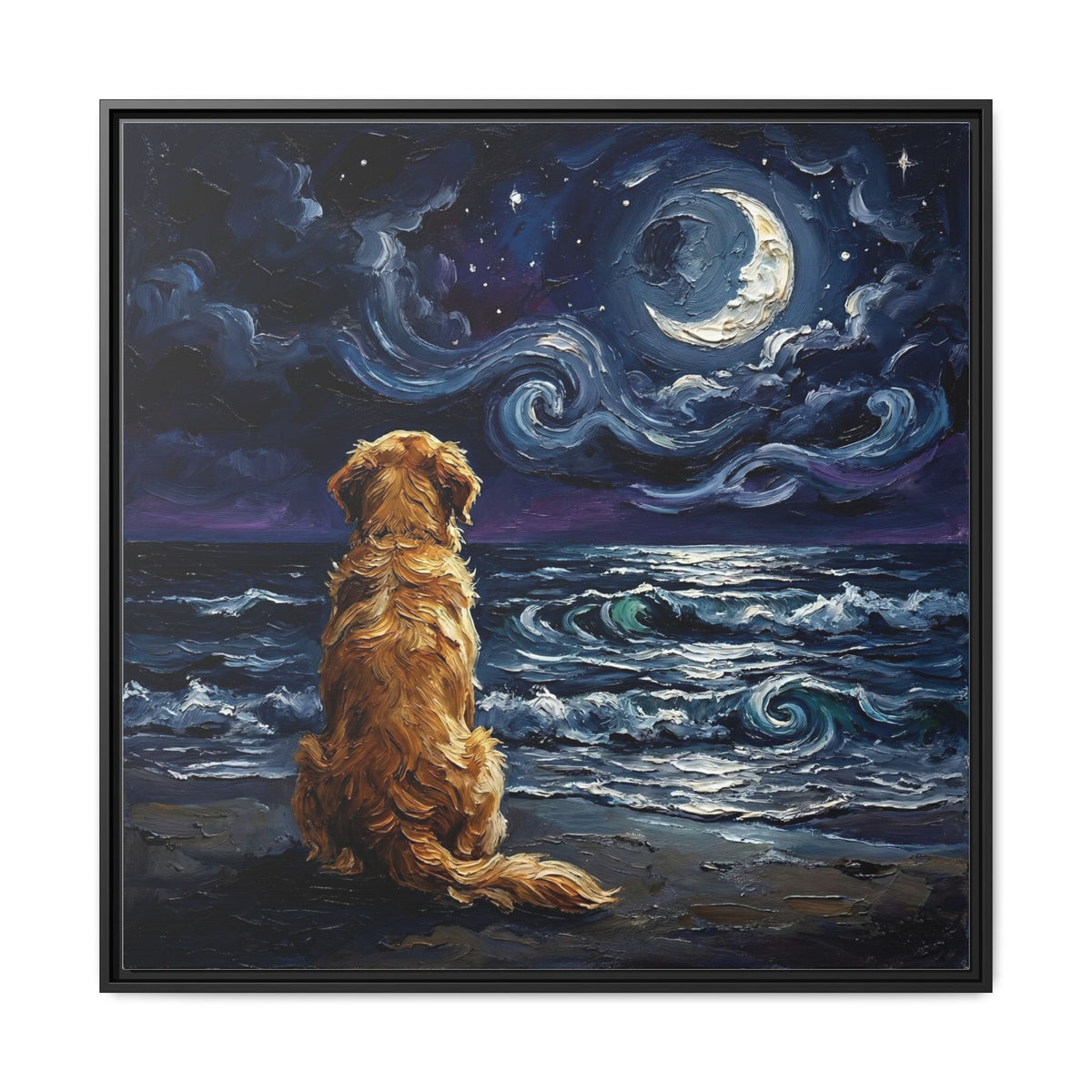 "Beach Night - Golden Retriever" Framed Canvas Wall Art